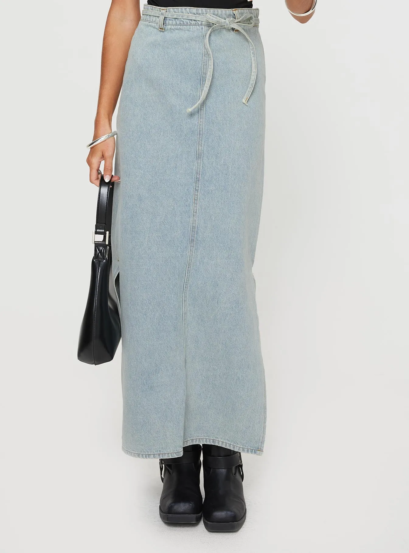 Abrasion resistant Brandee Tie Front Denim Maxi Skirt Light Wash