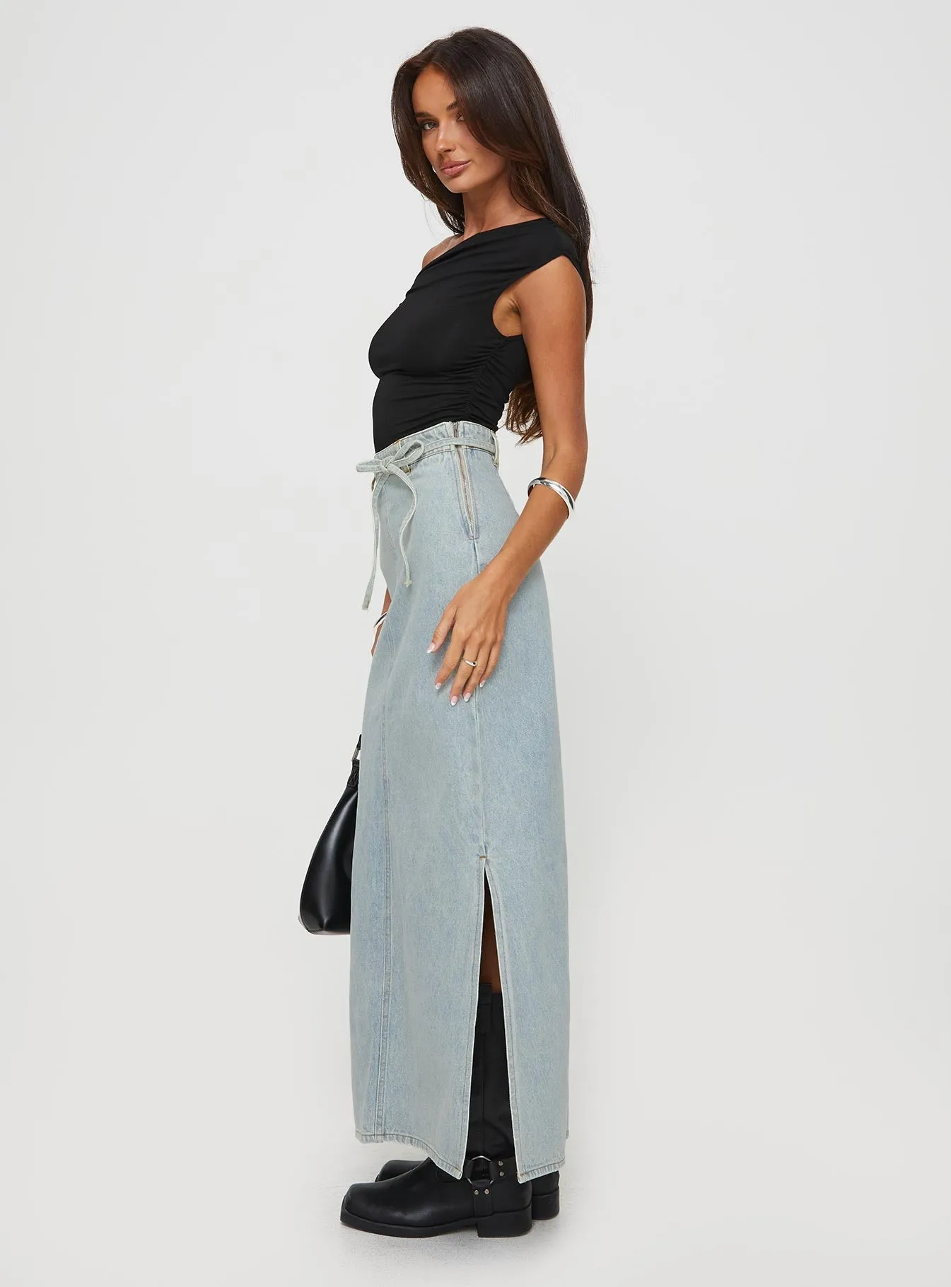 light texture Daytime Look Brandee Tie Front Denim Maxi Skirt Light Wash