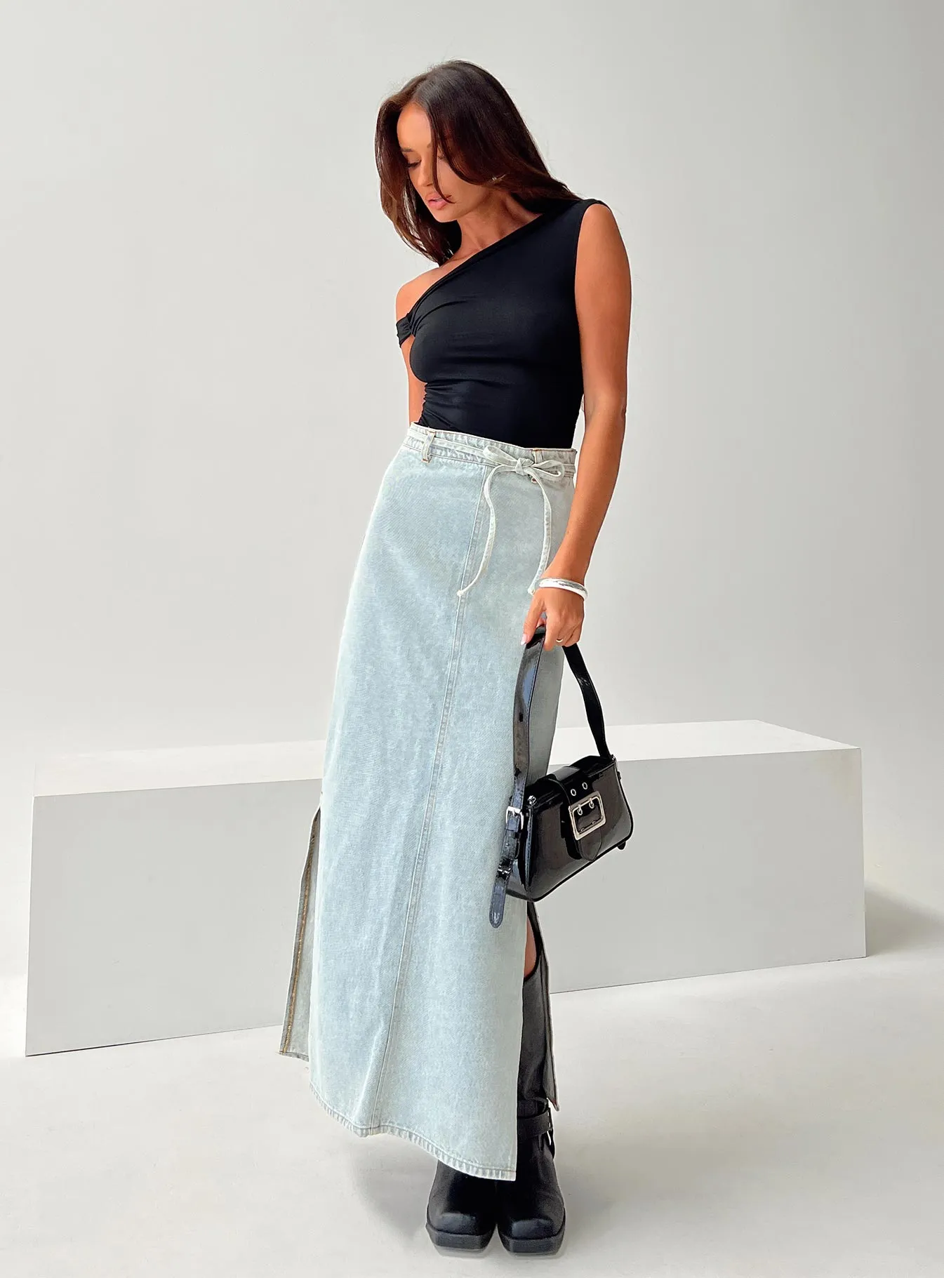 Cotton Rich Bold Statement Brandee Tie Front Denim Maxi Skirt Light Wash