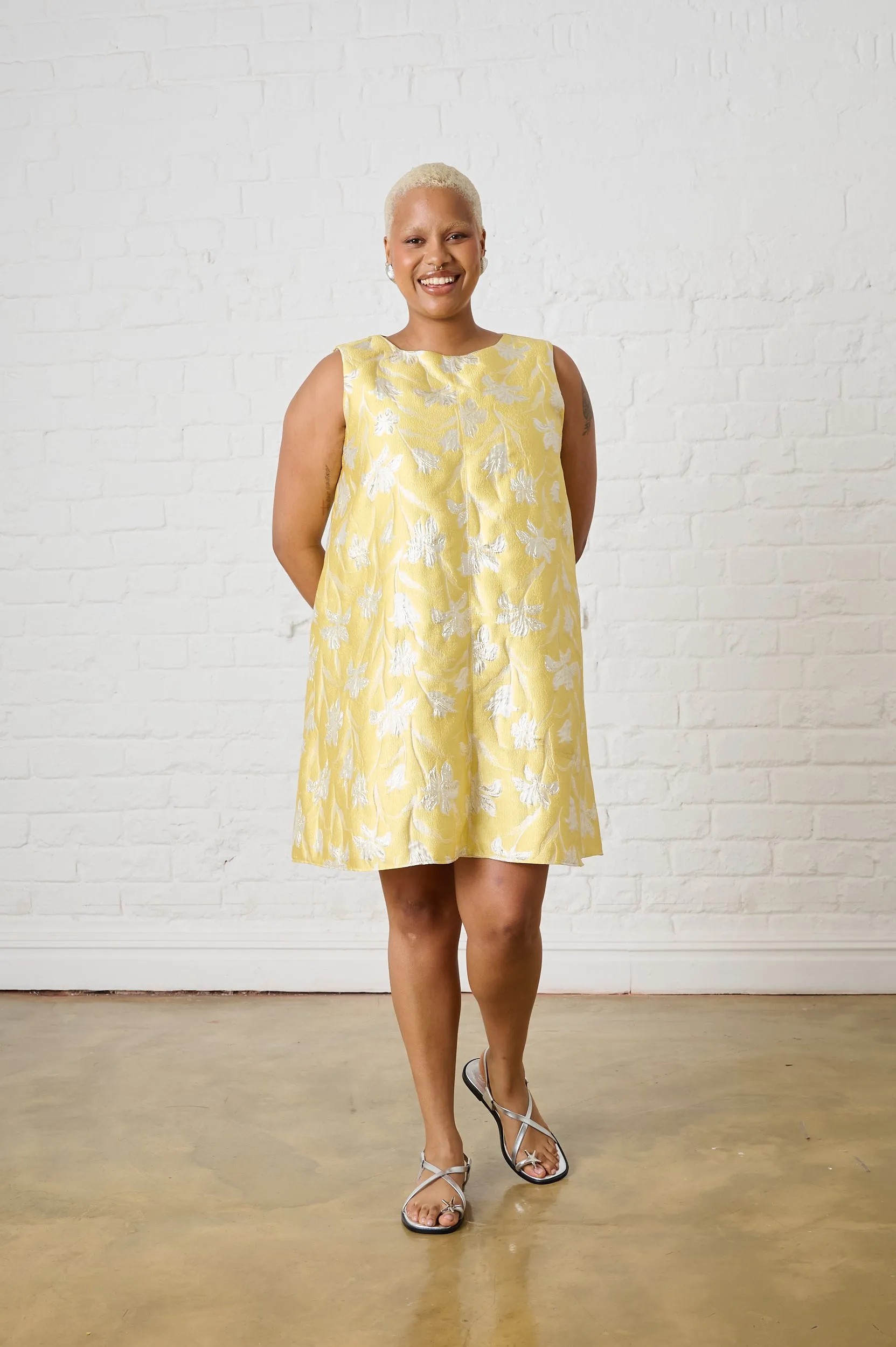 Yellow Brocade Swing Dress Essential Piece single wear