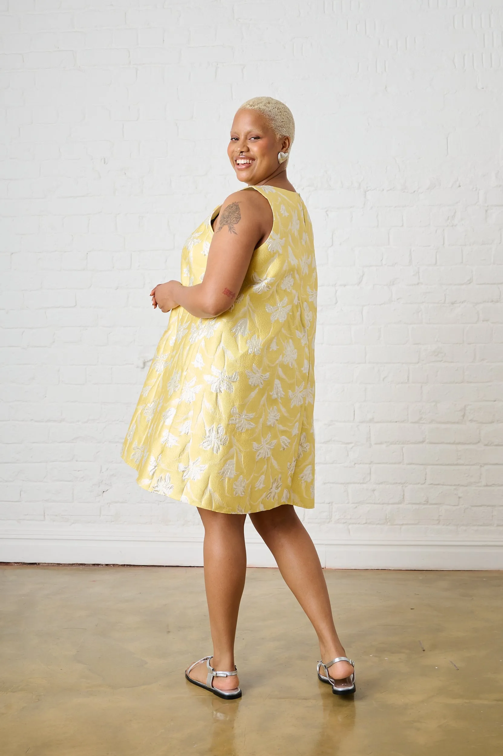 Yellow Brocade Swing Dress Wrap Charm