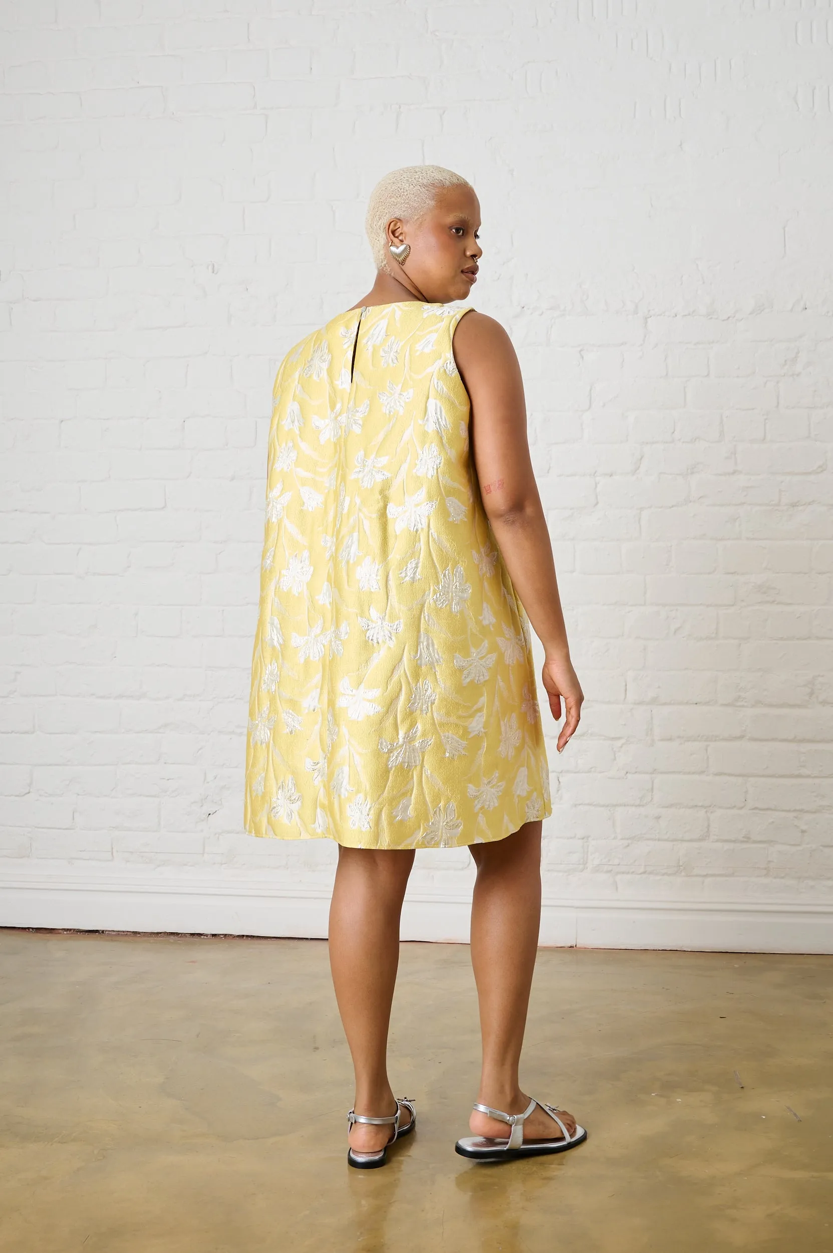 Hidden Zipper Yellow Brocade Swing Dress