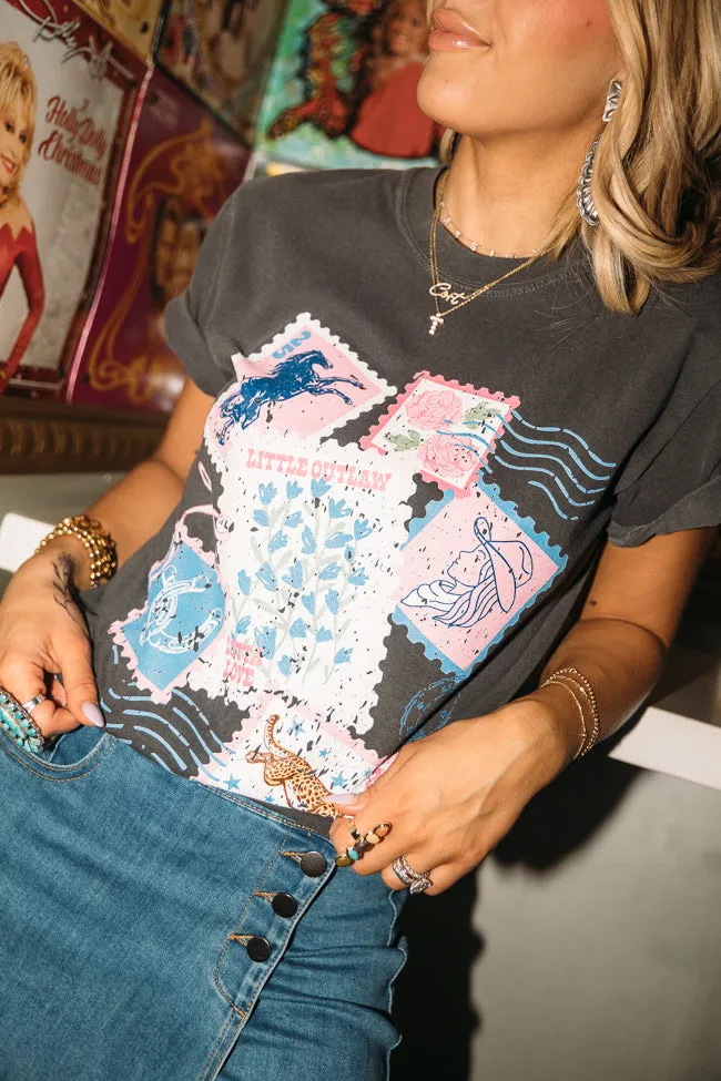 Outlaw Stamp Collection Dark Grey Graphic Tee Just Classically Cassidy X Pink Lily Effortless Look Fun Style