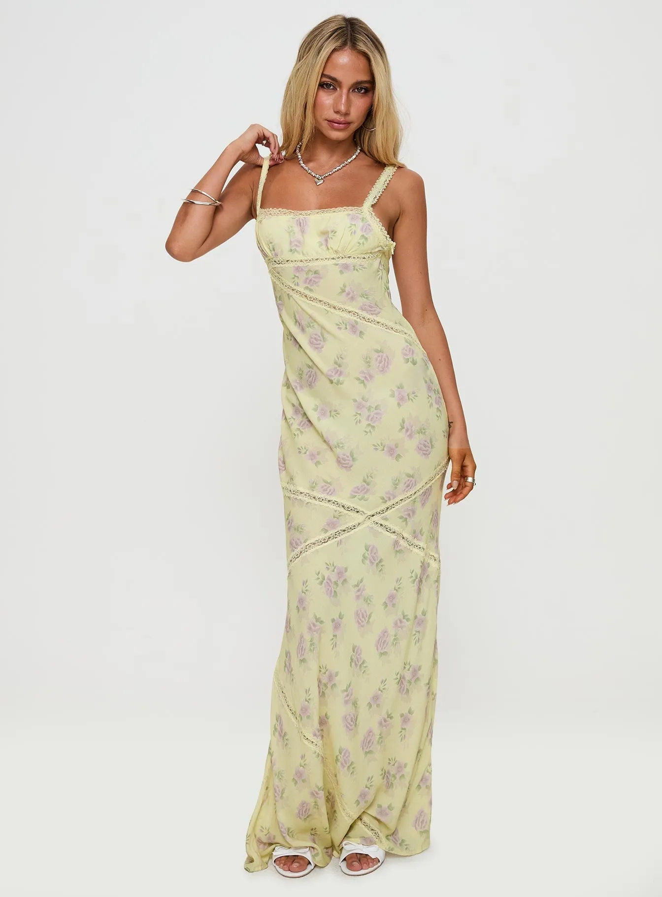 Gardens Of Babylon Lace Maxi Dress Lemon Floral Flattering bodycon dress Cozy Energy