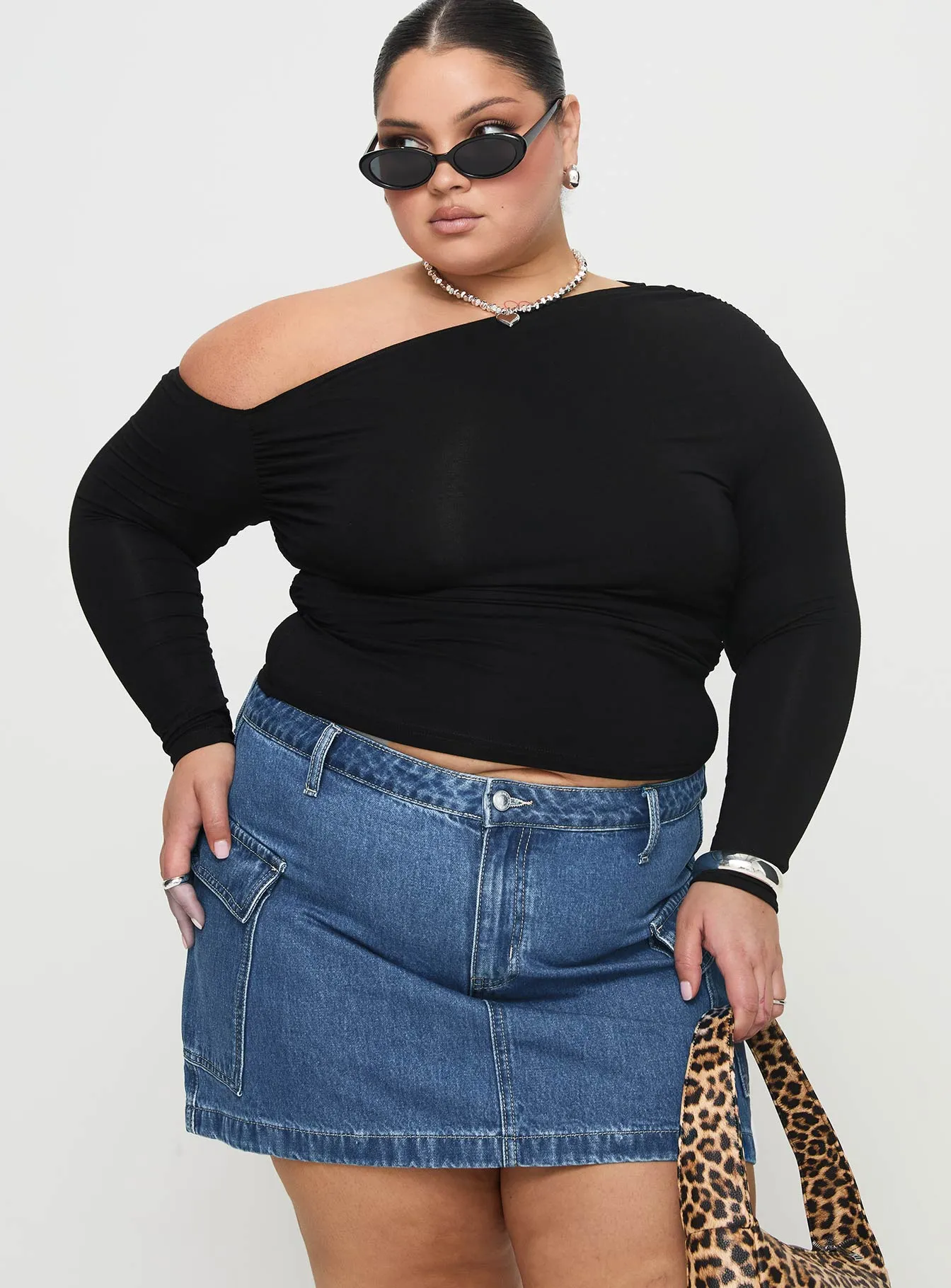 Style Moment Zakai Cargo Denim Mini Skirt Mid Blue Curve