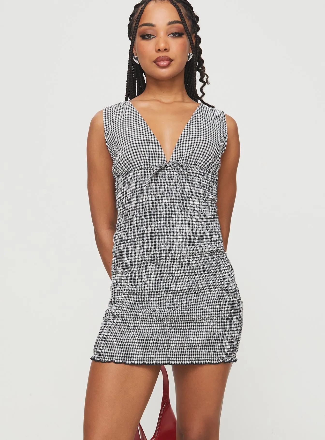 Solving Shirred Mini Dress Black Gingham LightweightMaterial Breeze Grace