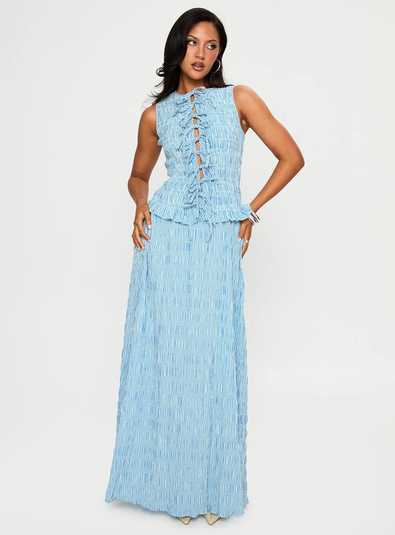 Songbird Shirred Maxi Dress Blue Tailored Layers Velvet-Touch