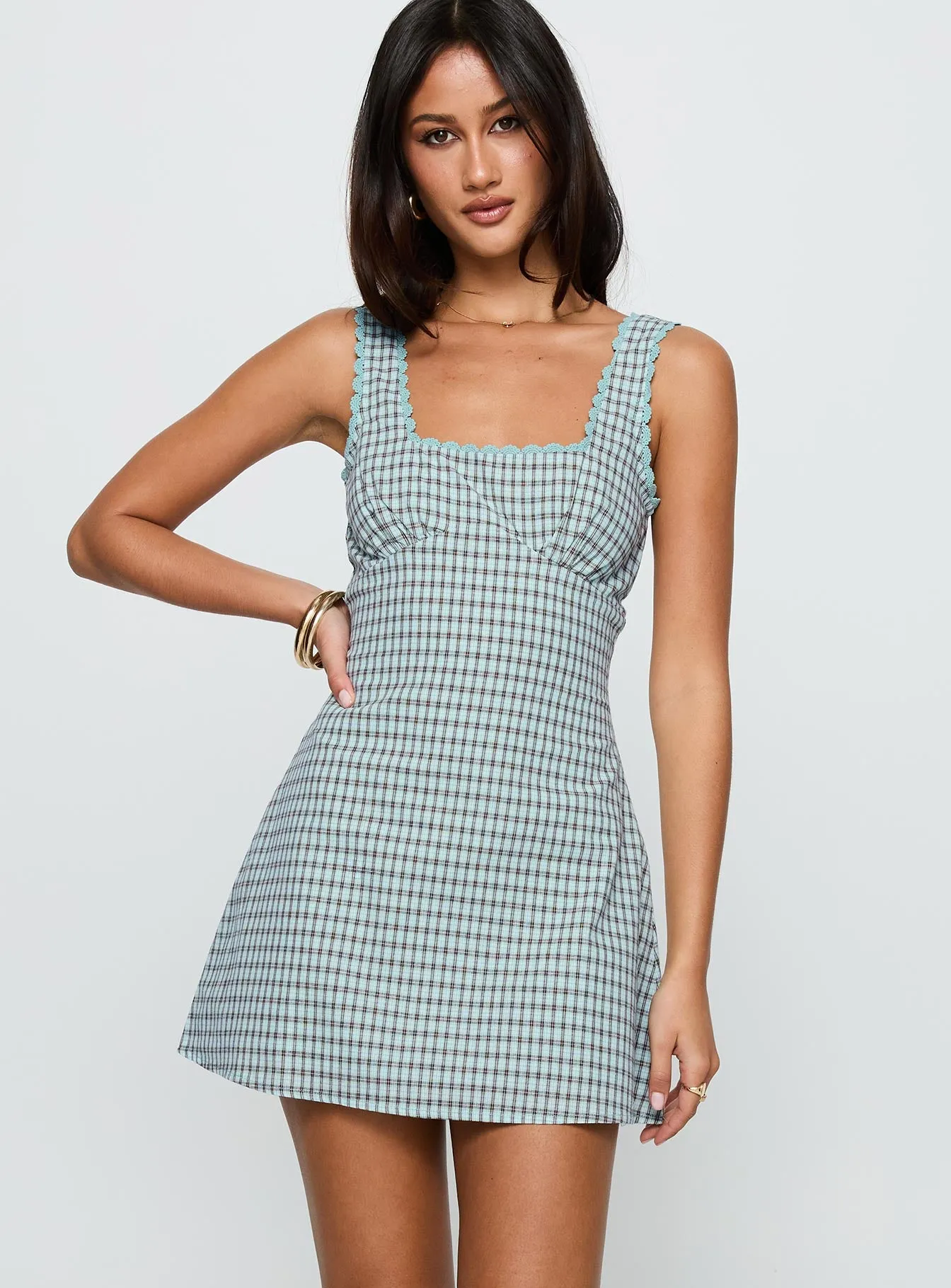 Dasha Mini Dress Blue / Brown Check Sleek Volume Dry-Clean-Only