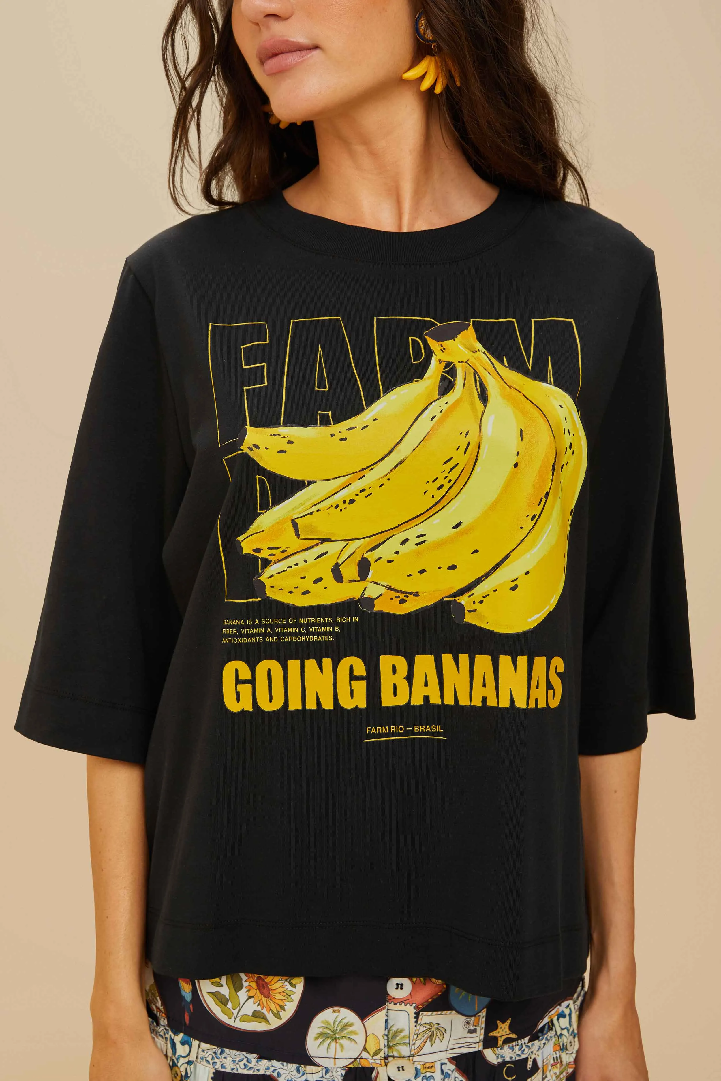 Smooth Flatlock Stitching Black Tropical Bananas Organic Cotton T-Shirt