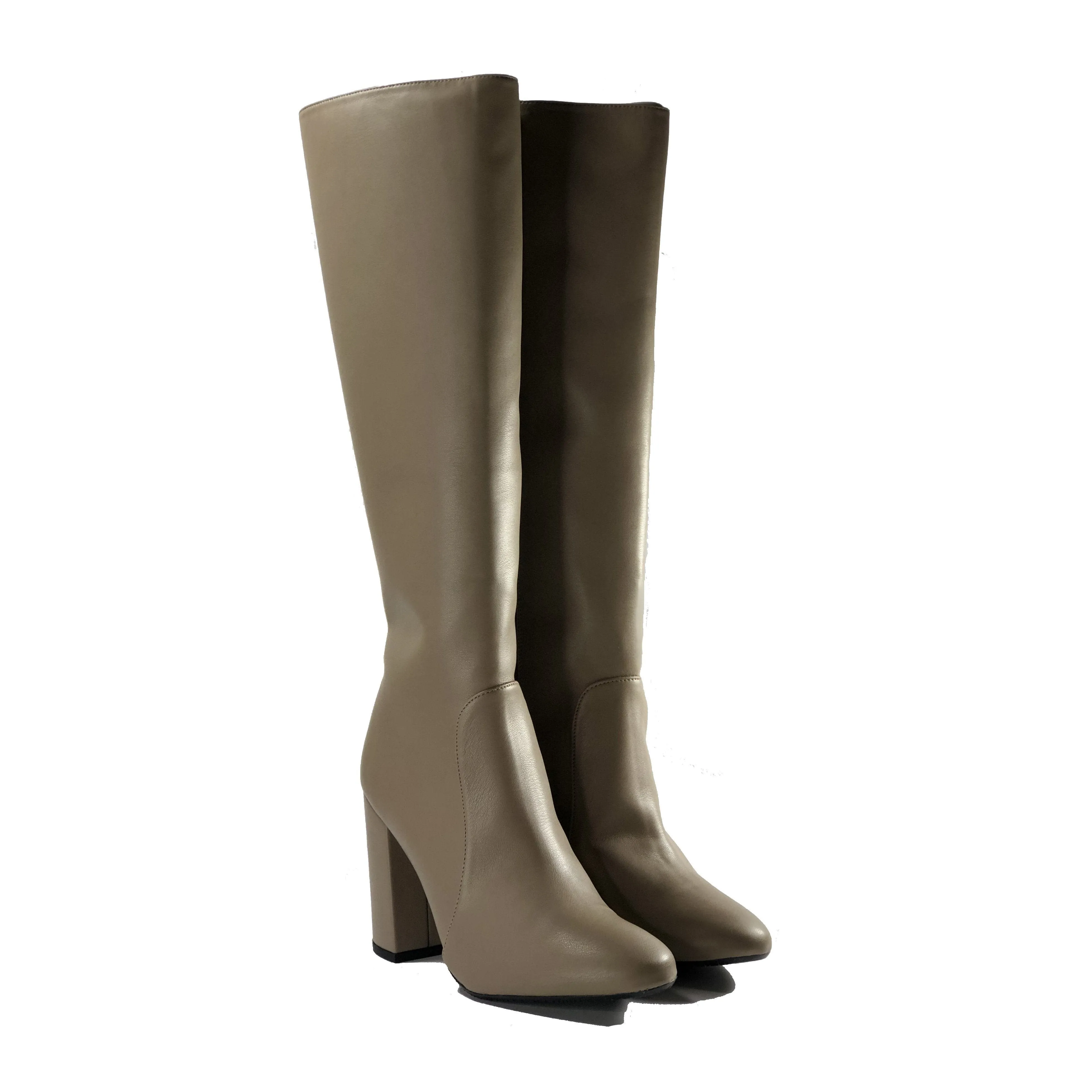 'Claudia' vegan-leather knee-high, high-heeled boot by Zette Shoes - taupe Compression Resistant Collar