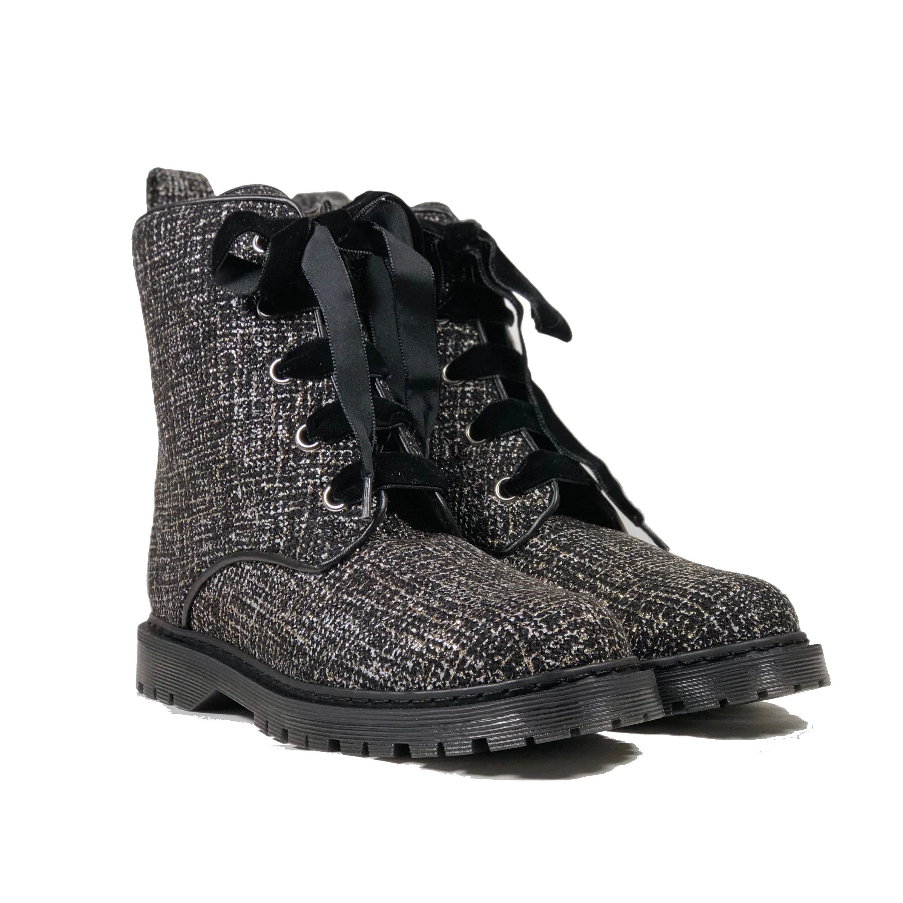 Padded Interior Comfort Seeker Multi   Purpose 'Billie' vegan combat boots by Zette Shoes - Silver/Black textile