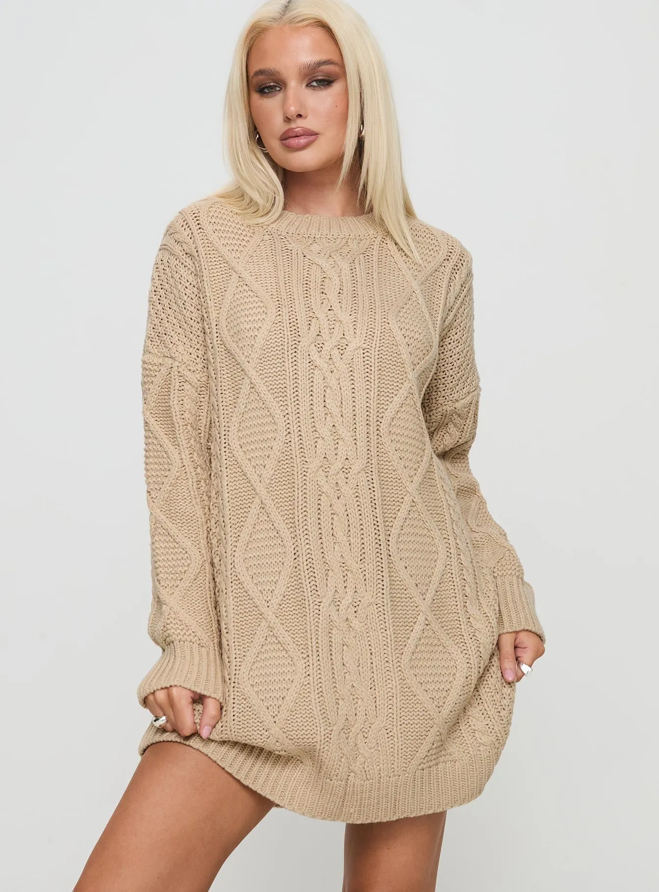 Stellon Knit Sweater Mini Dress Latte Formal Wear Relaxed Layers