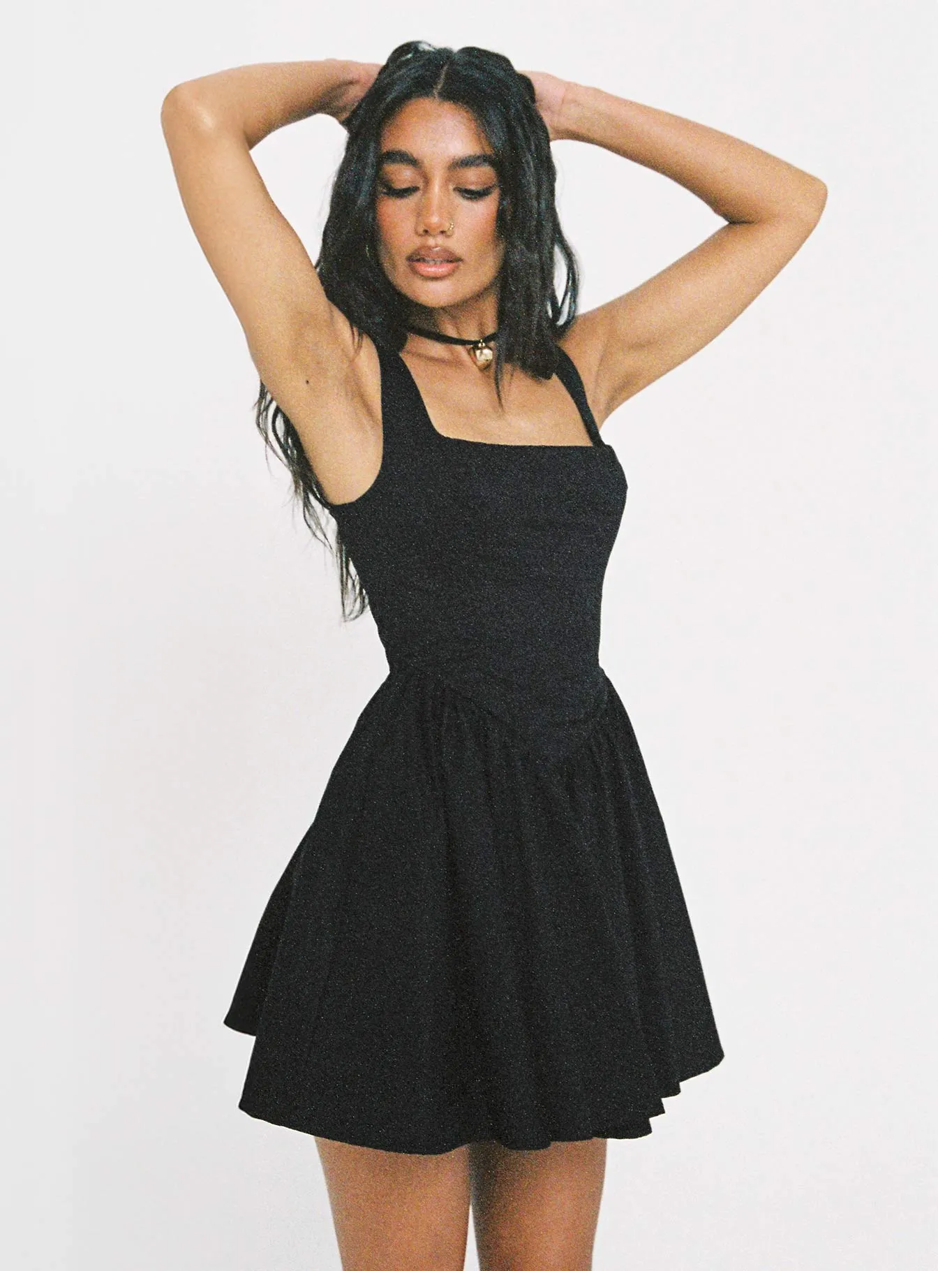Light Bow Straplie Mini Dress Black