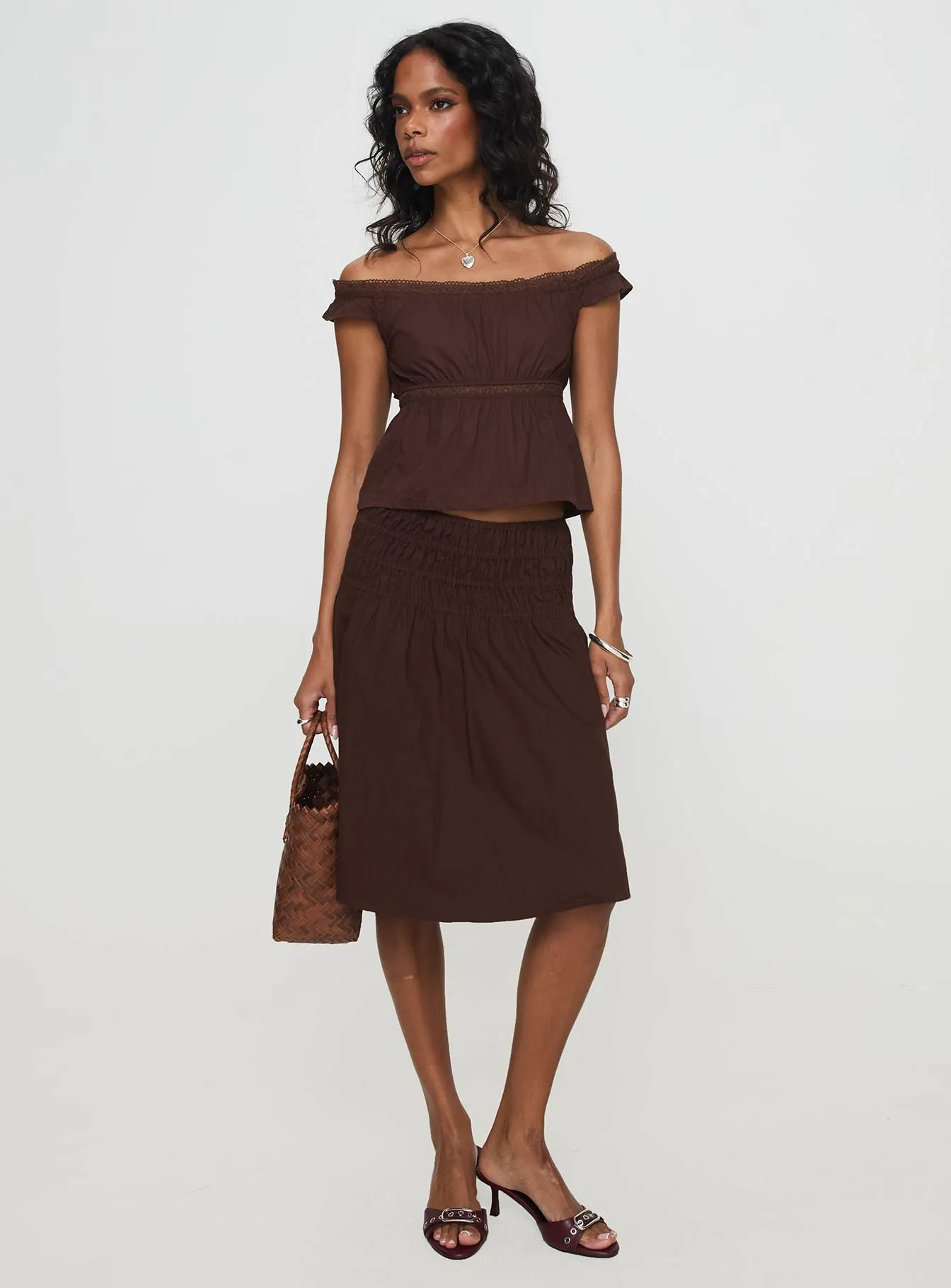 Neleta Midi Skirt Brown Roll Up Hem Soft Finish