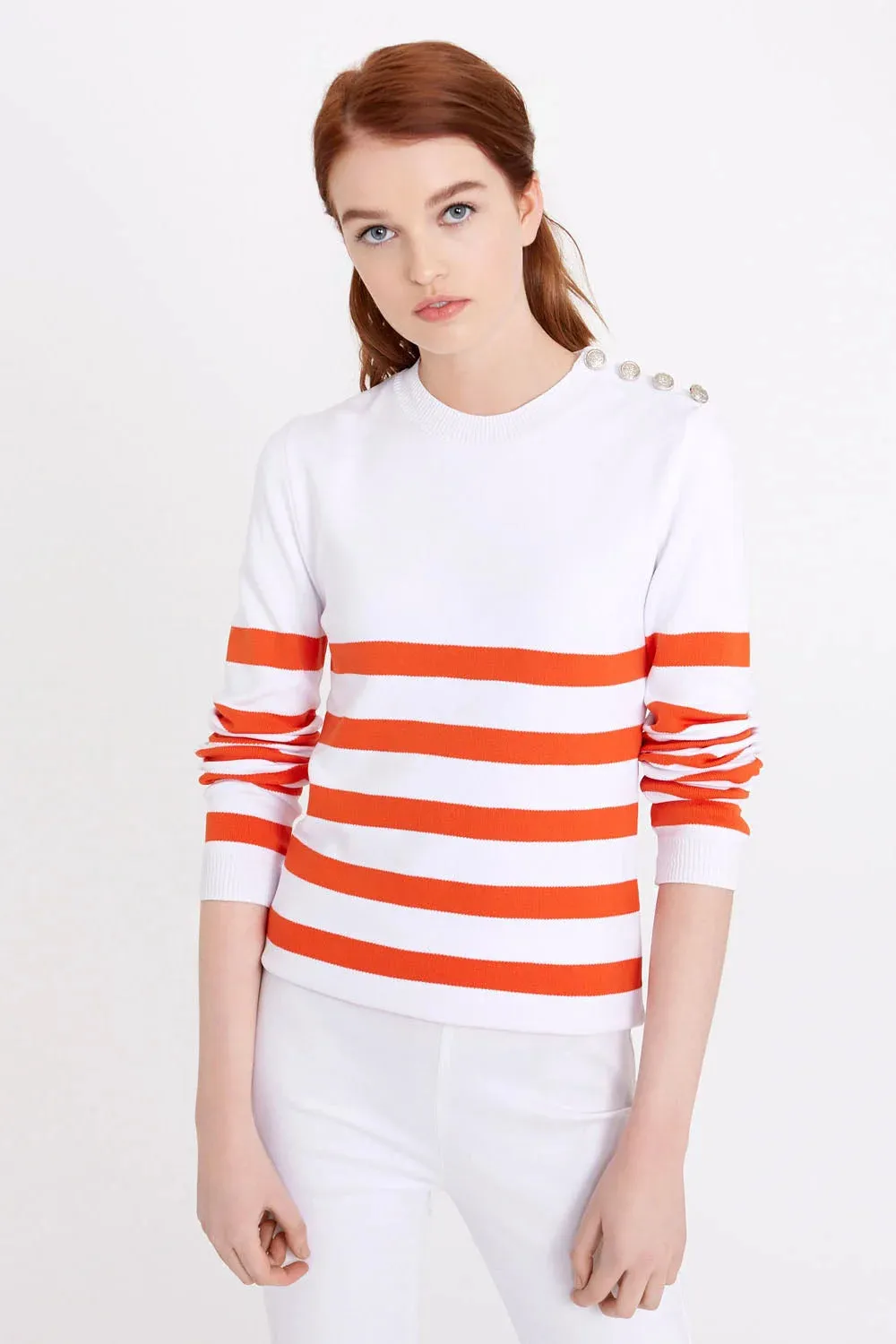 Striped Button Shoulder Jumper Balanced Stretch Structure