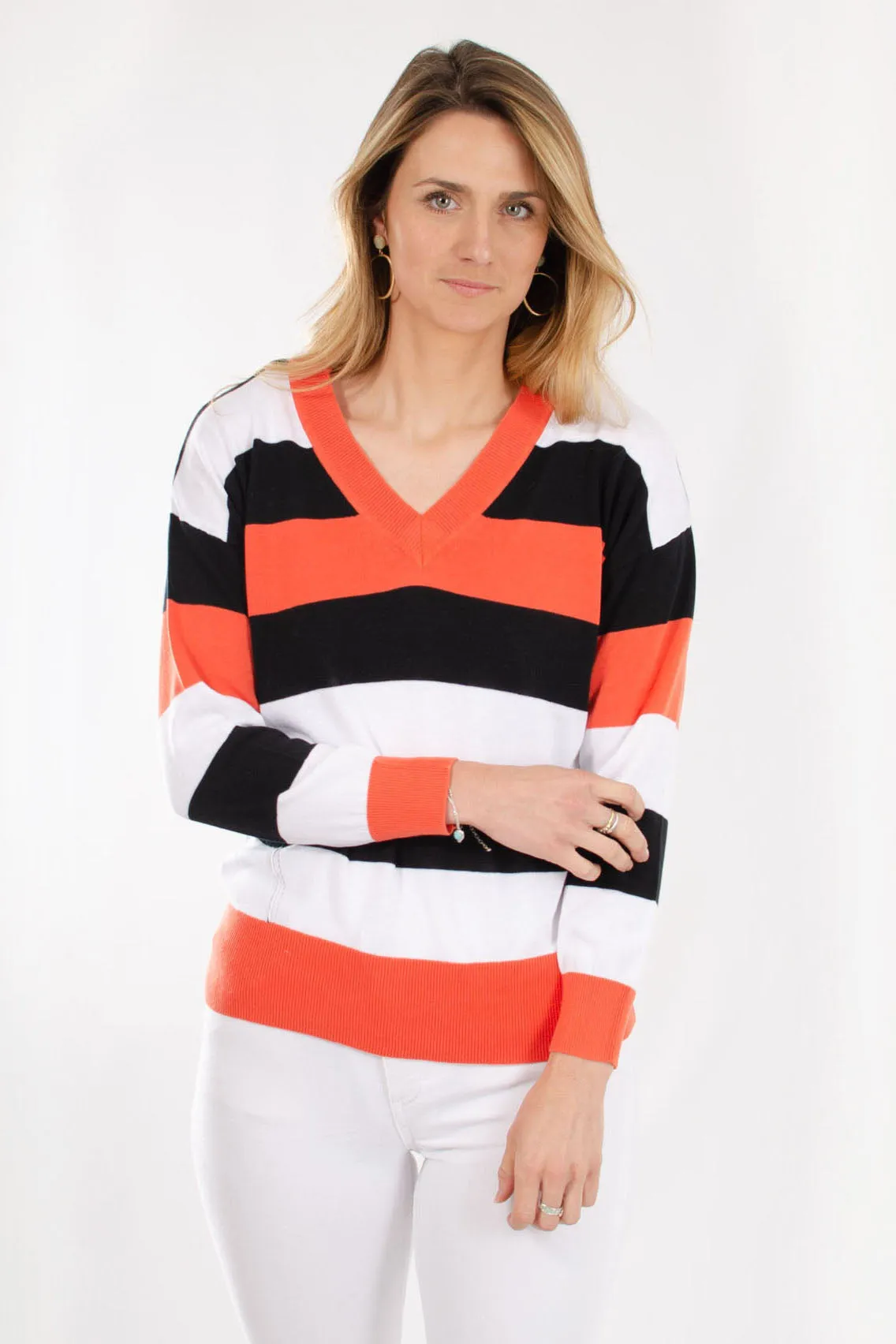 HighElasticity Fabric Striped Cotton V Neck Jumper