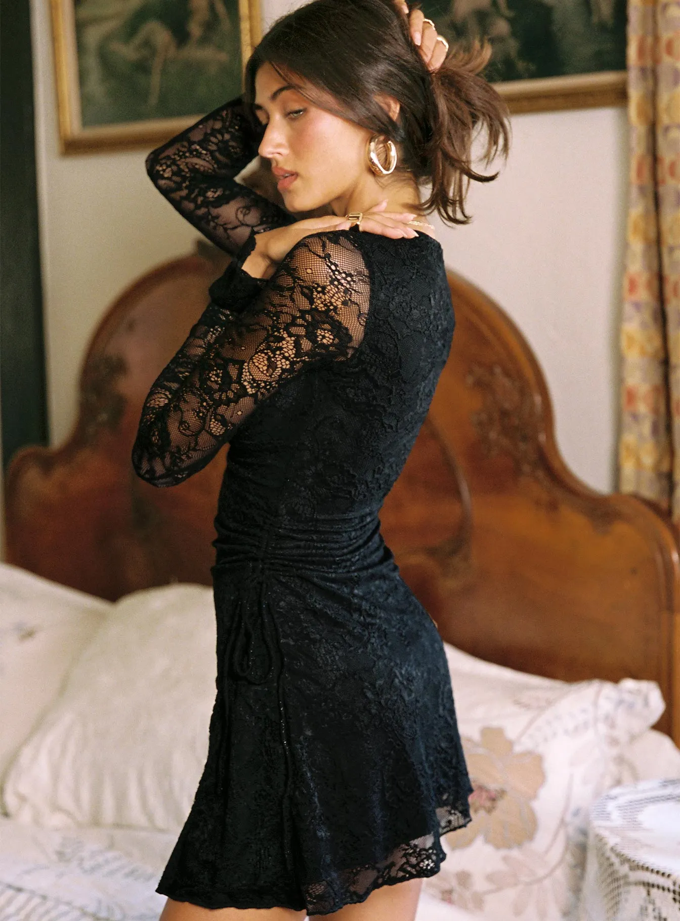 All Occasion Airabella Long Sleeve Lace Mini Dress Black Petite