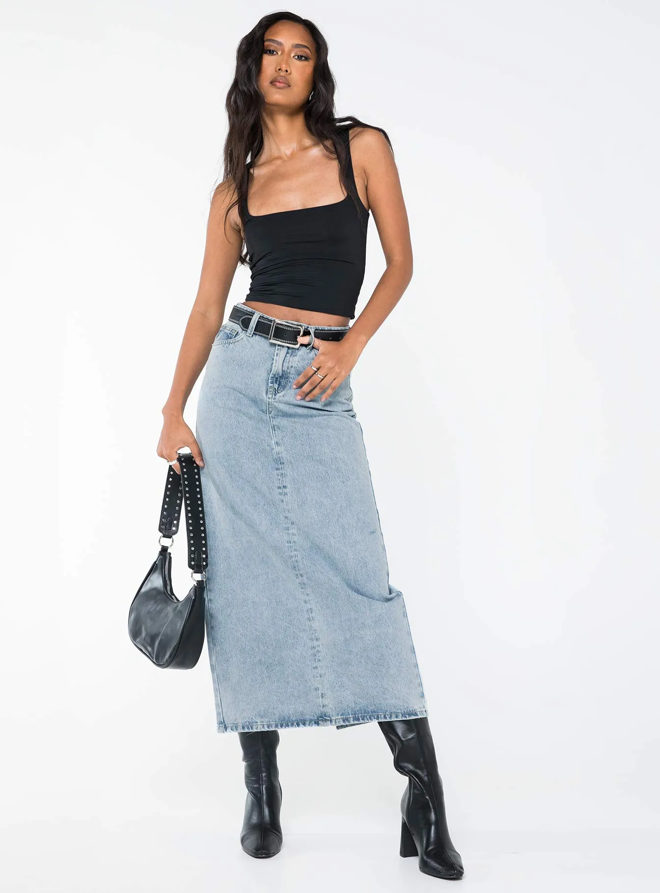 Easy Vibe Outfit Game Whessler Split Back Denim Midi Skirt Angel Blue