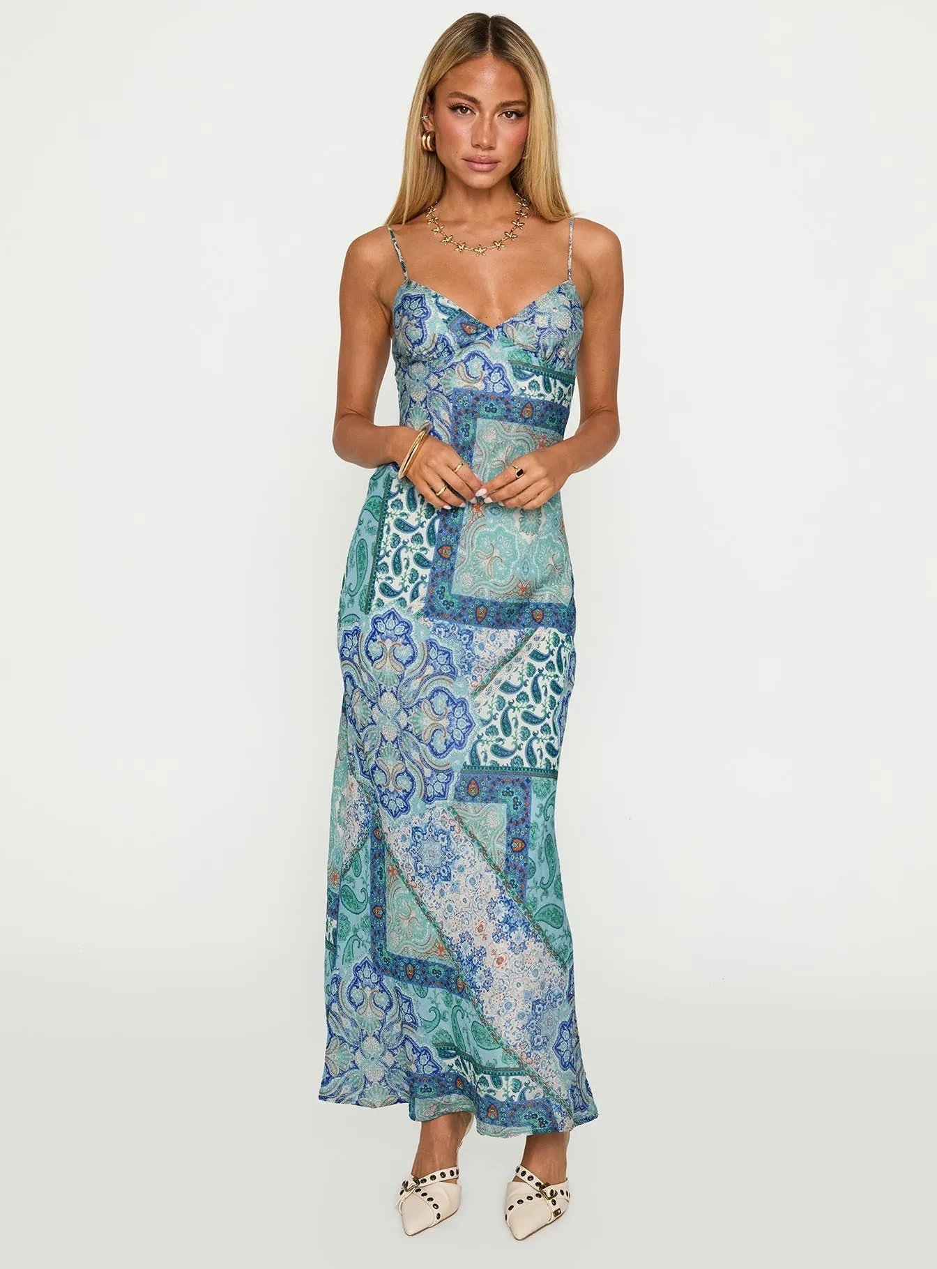 Flawless Waist Fit Subtle-Print Sugar Plum Maxi Dress Blue Paisley
