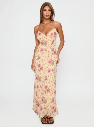 Satin-Sleeve Sugar Plum Maxi Dress Cream / Floral