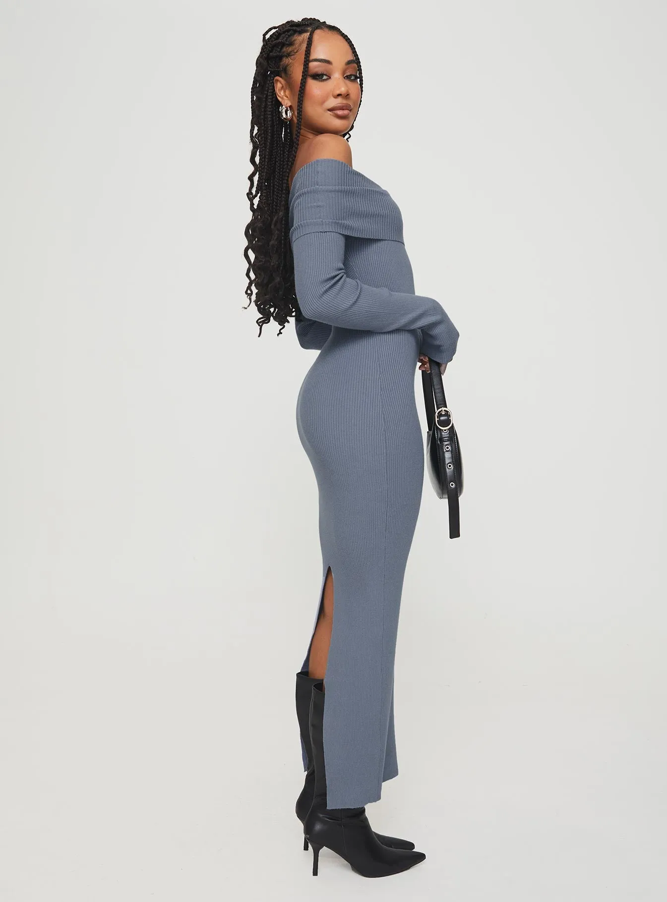 Romantic Mood Phylis Off The Shoulder Maxi Dress Steel Blue