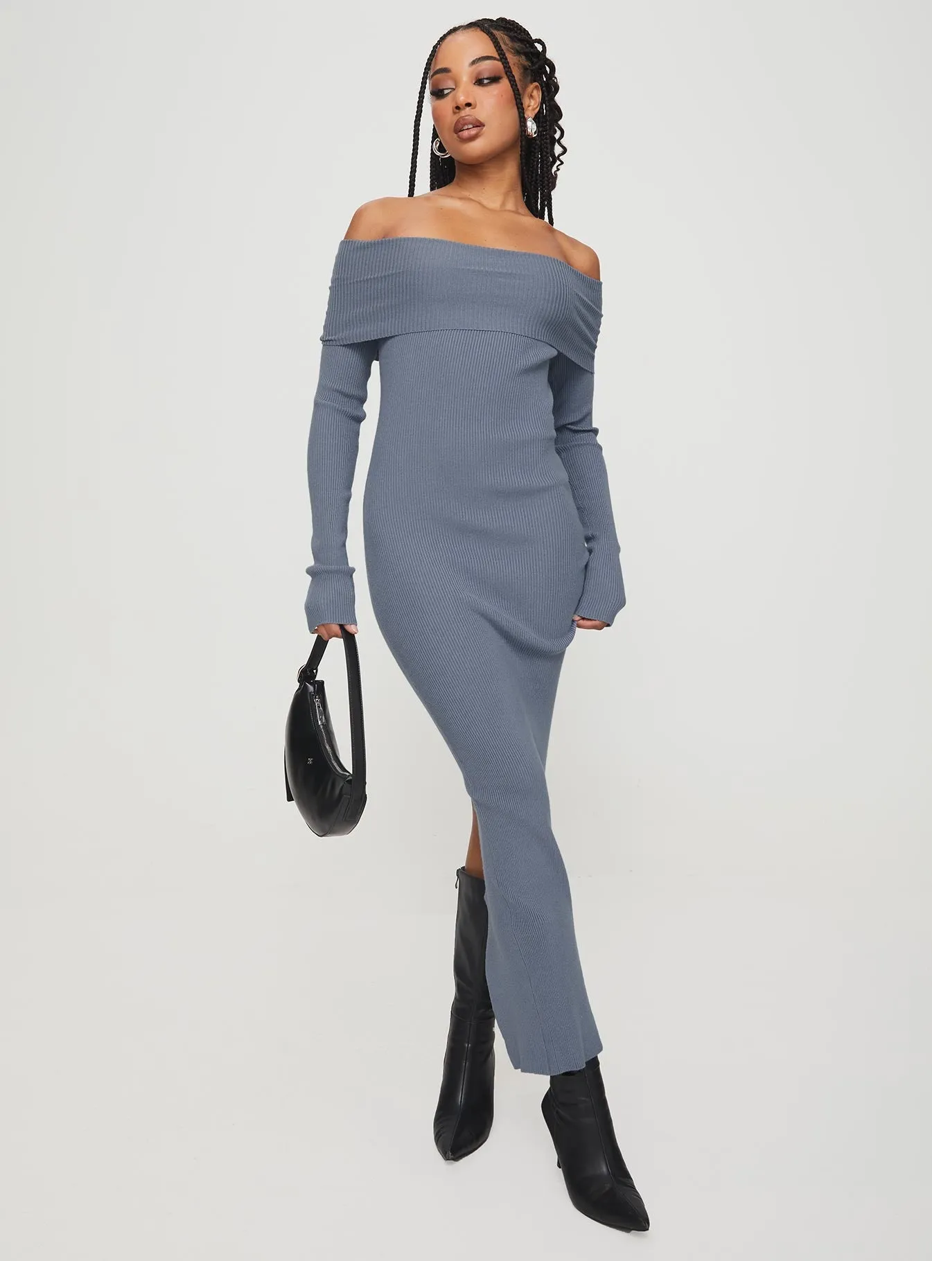 Playful Cut Lux Look Phylis Off The Shoulder Maxi Dress Steel Blue