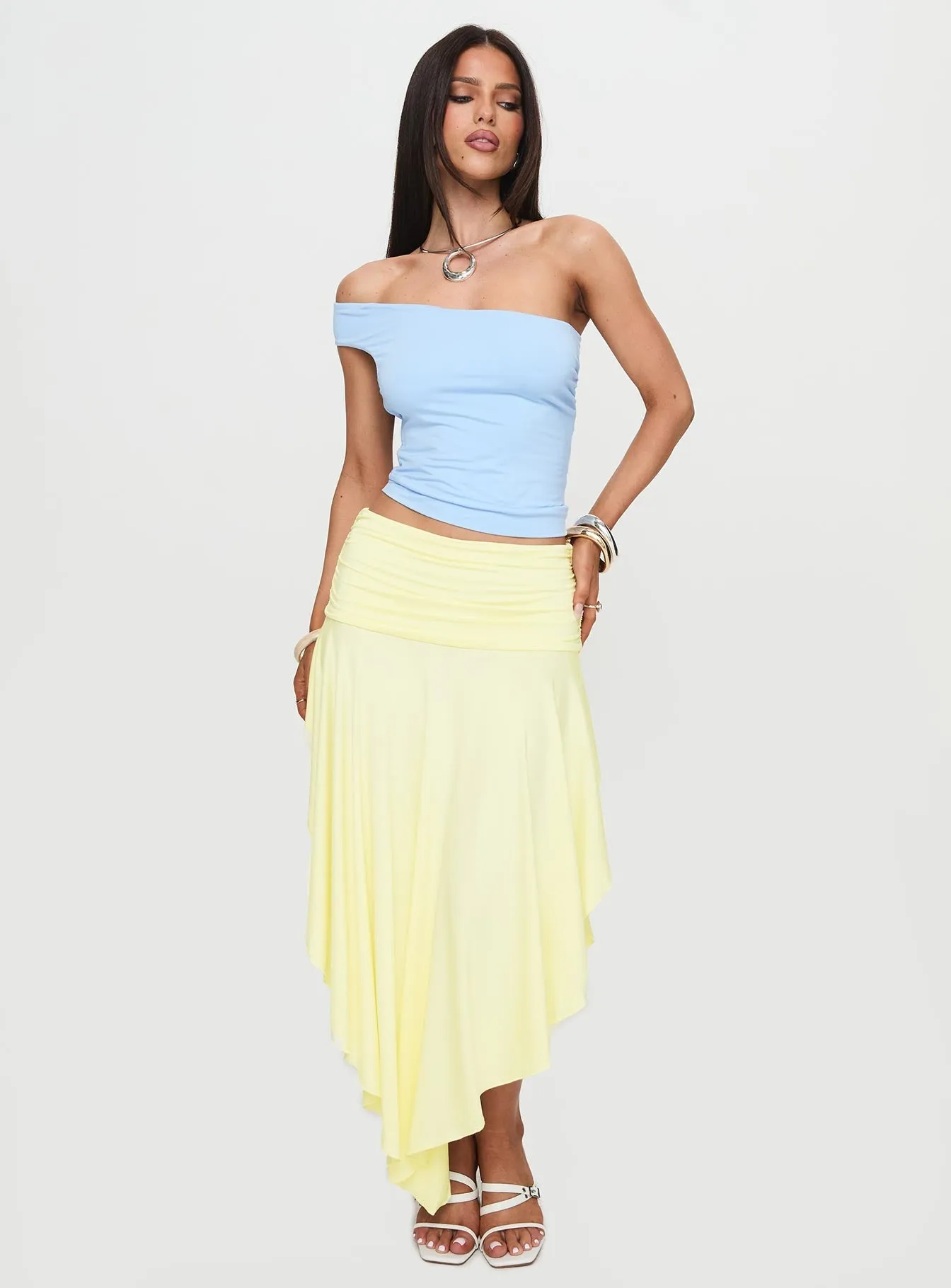 Symphonia Asymmetrical Midi Skirt Butter Yellow Ventilated Panels Airy Look