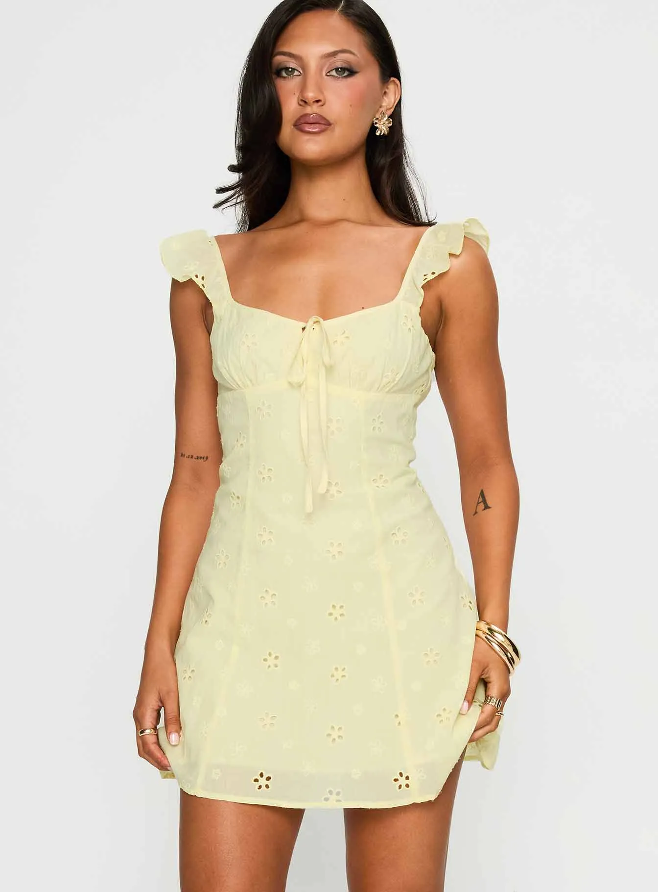 Office Friendly Artisanal-Detail Sunbather Mini Dress Yellow