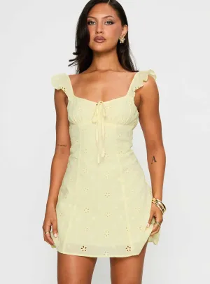 Office Friendly Artisanal-Detail Sunbather Mini Dress Yellow