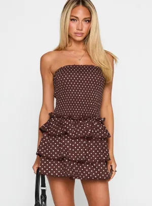 Sunkiss Frill Mini Dress Brown Polka Scalloped-Edge Versatile Style