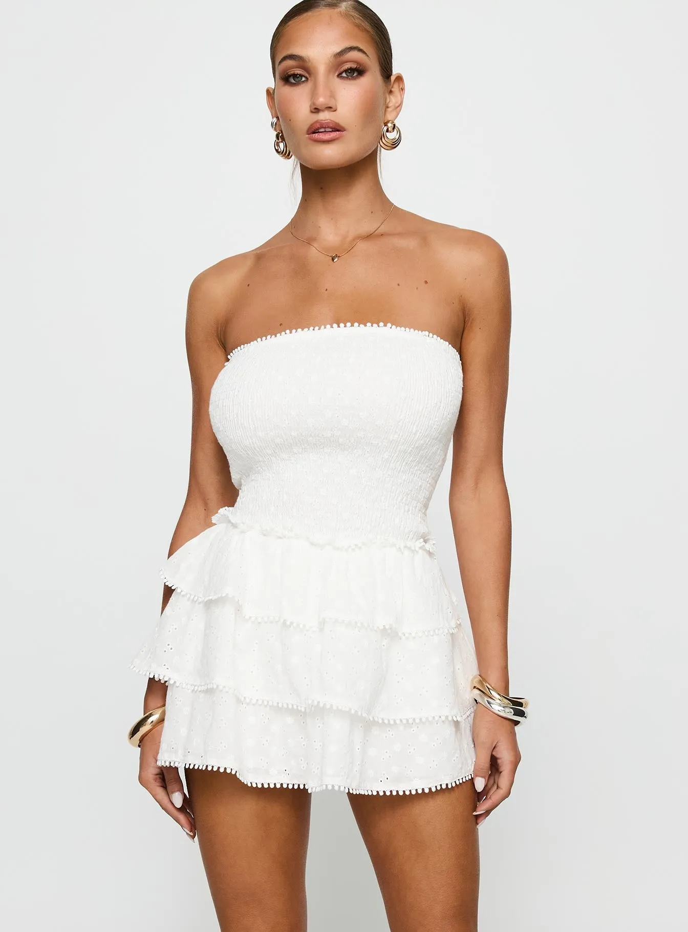 Sunkiss Frill Mini Dress White / Broderie Geometric-pattern