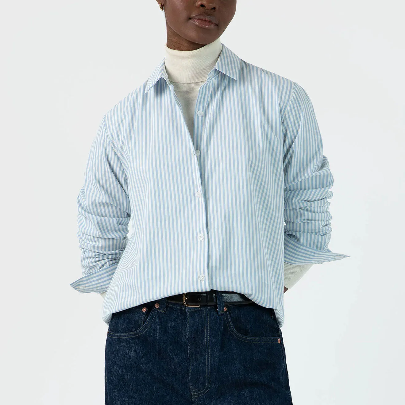 Sunspel Womens Classic Shirt Blue/Ecru Stripe QuickDry Material