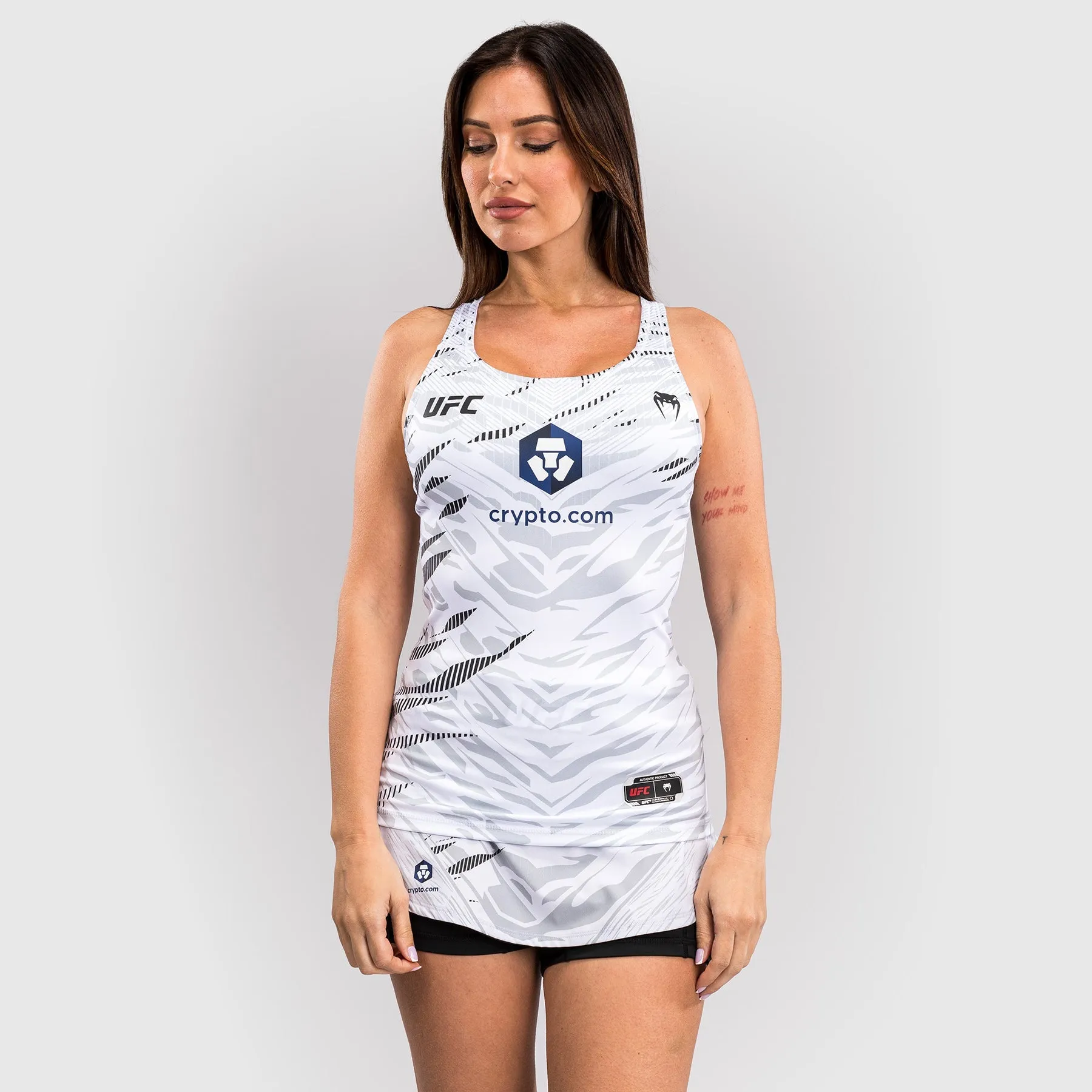 UFC Fusion by Venum Authentic Fight Night Women??s Fitted Tank With Shelf Bra - White Compression seams Camouflage fitness wear