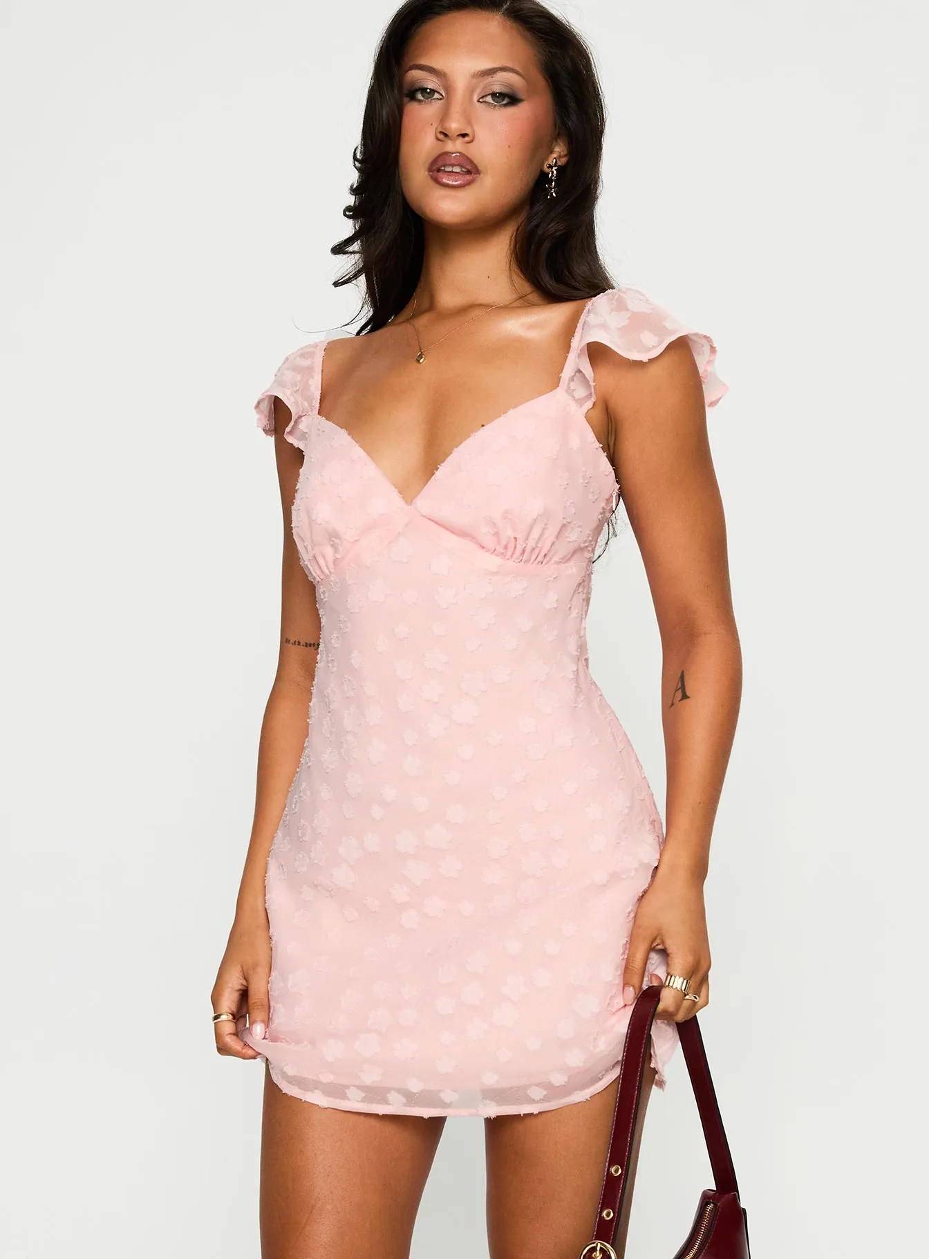 Savie Broderie Mini Dress Pink Airy Feel Smooth Lines