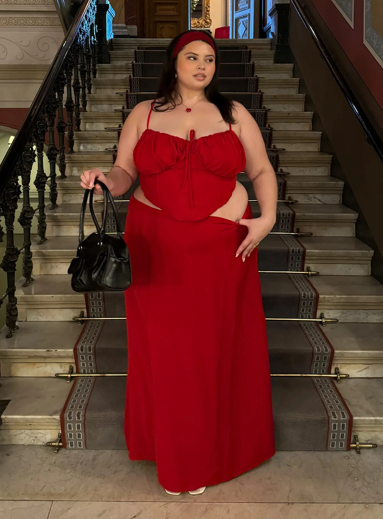 Orianne Maxi Skirt Red Curve Floral Pattern Breathable Lining