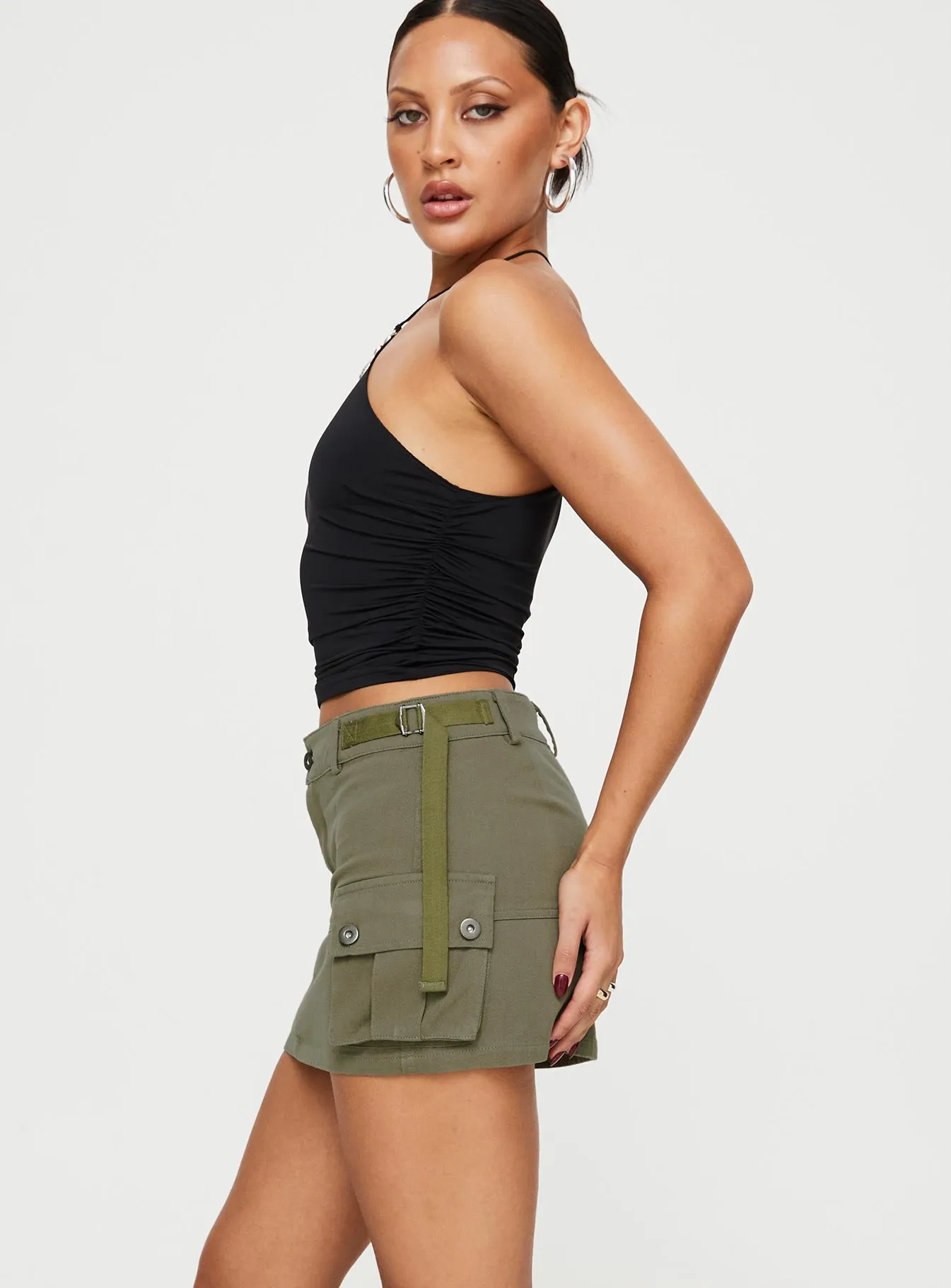 Take You Cargo Mini Skirt Green ruffle trim Easy Comfort