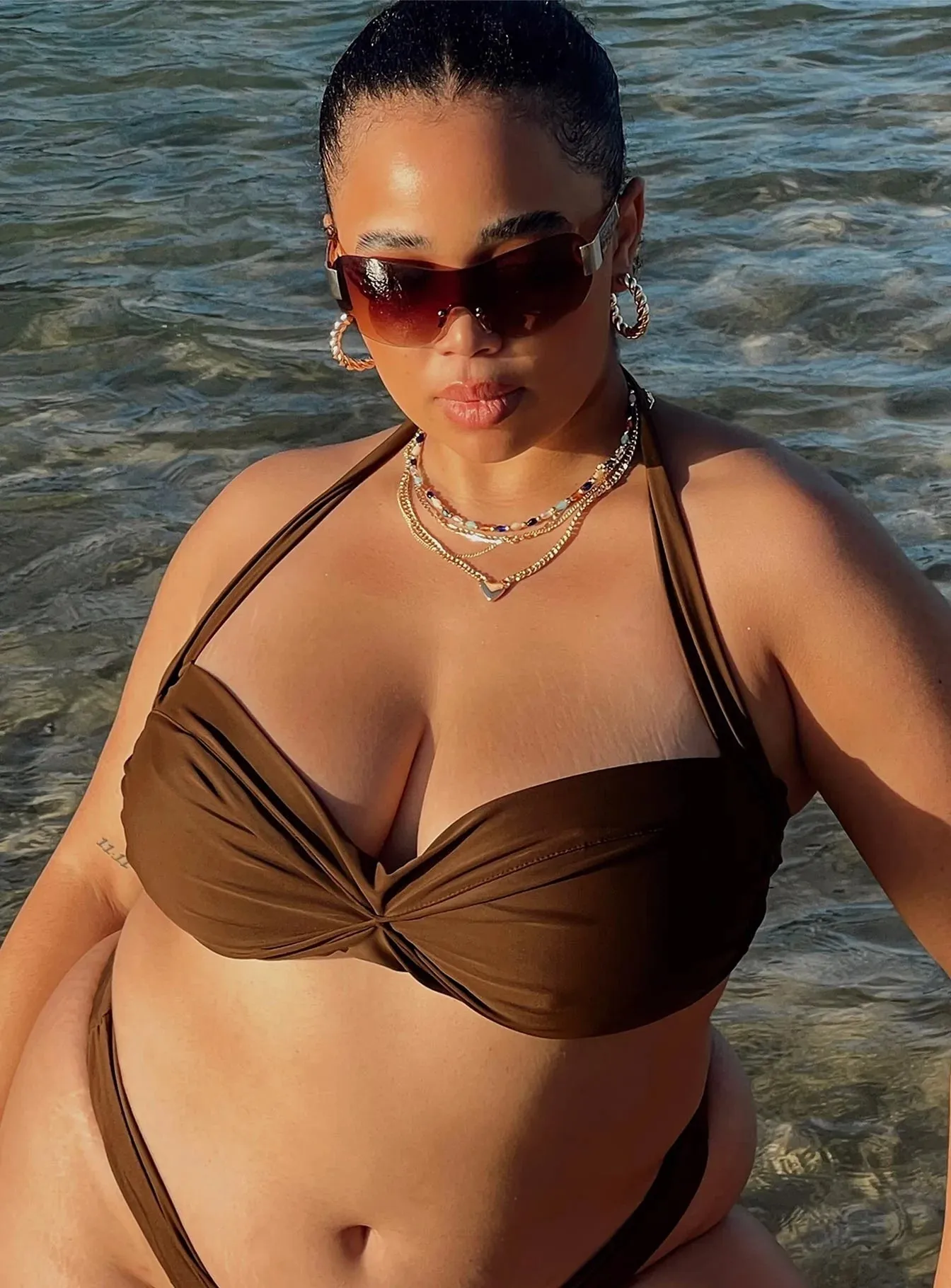 Olivia Bikini Top Brown Curve Shrink Resistant Material Ergonomic Contour Design