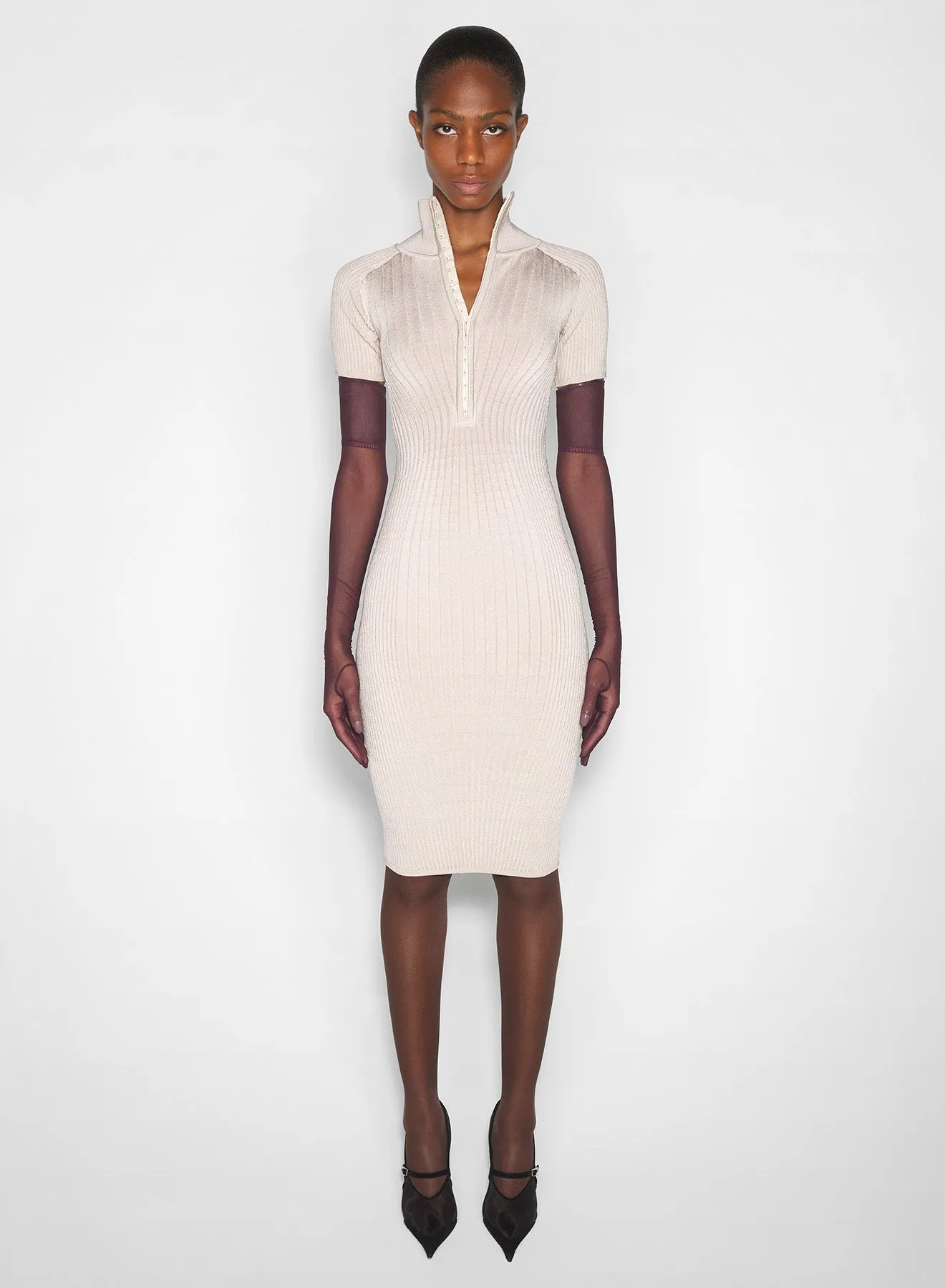 City Style sand hook-and-eye ribbed dress