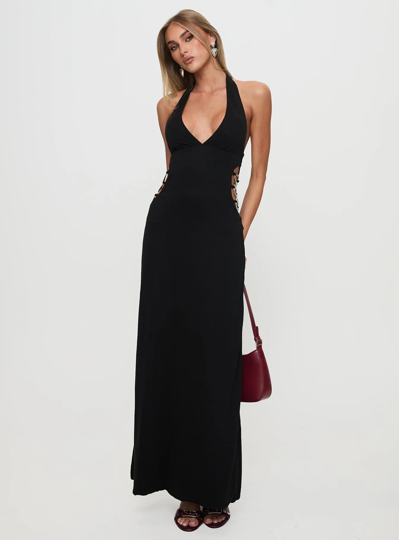 Love Energy Make A Fortune Hardware Halter Maxi Dress Black