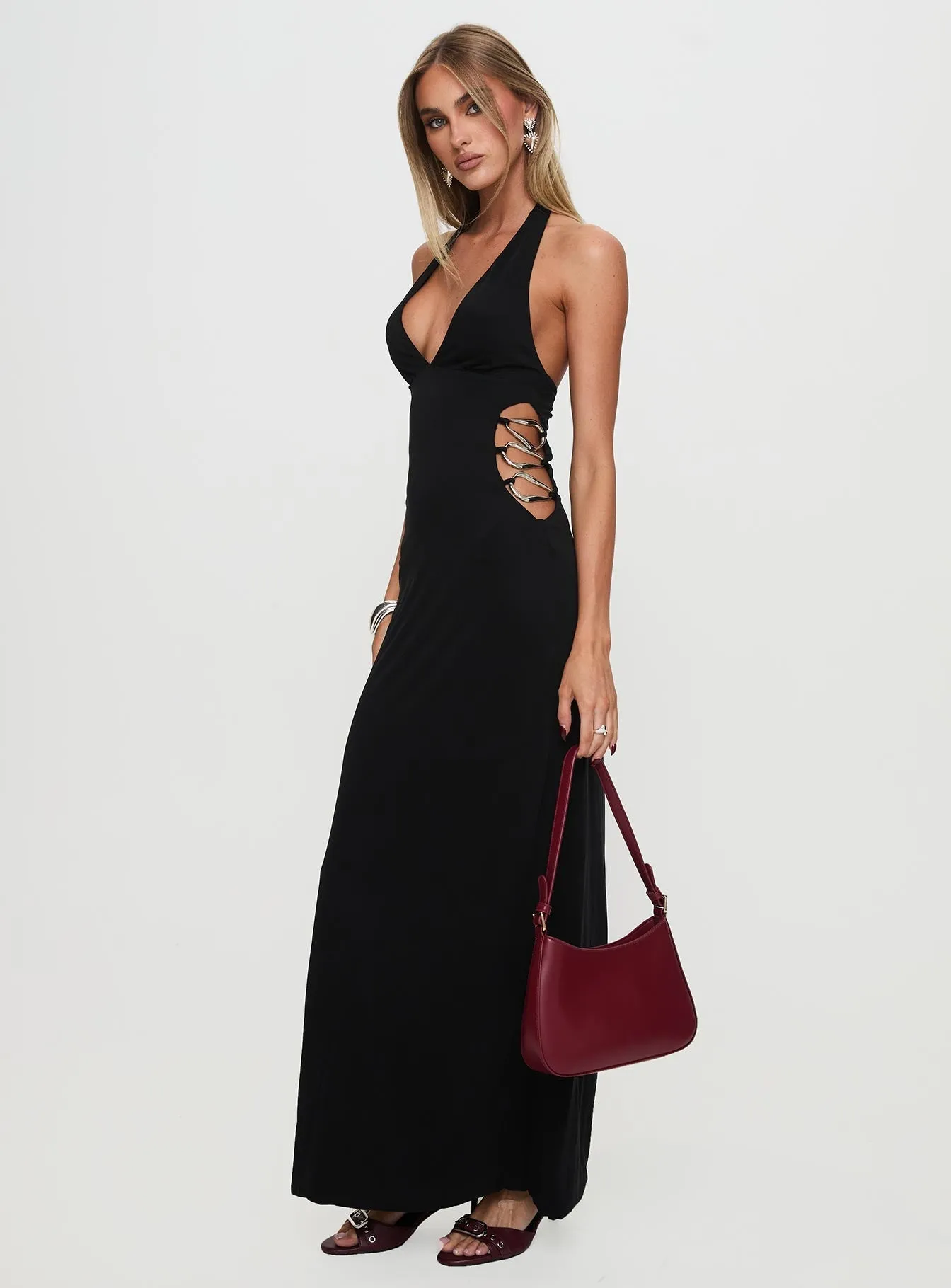 Make A Fortune Hardware Halter Maxi Dress Black MultiPurposePockets Neutral Base