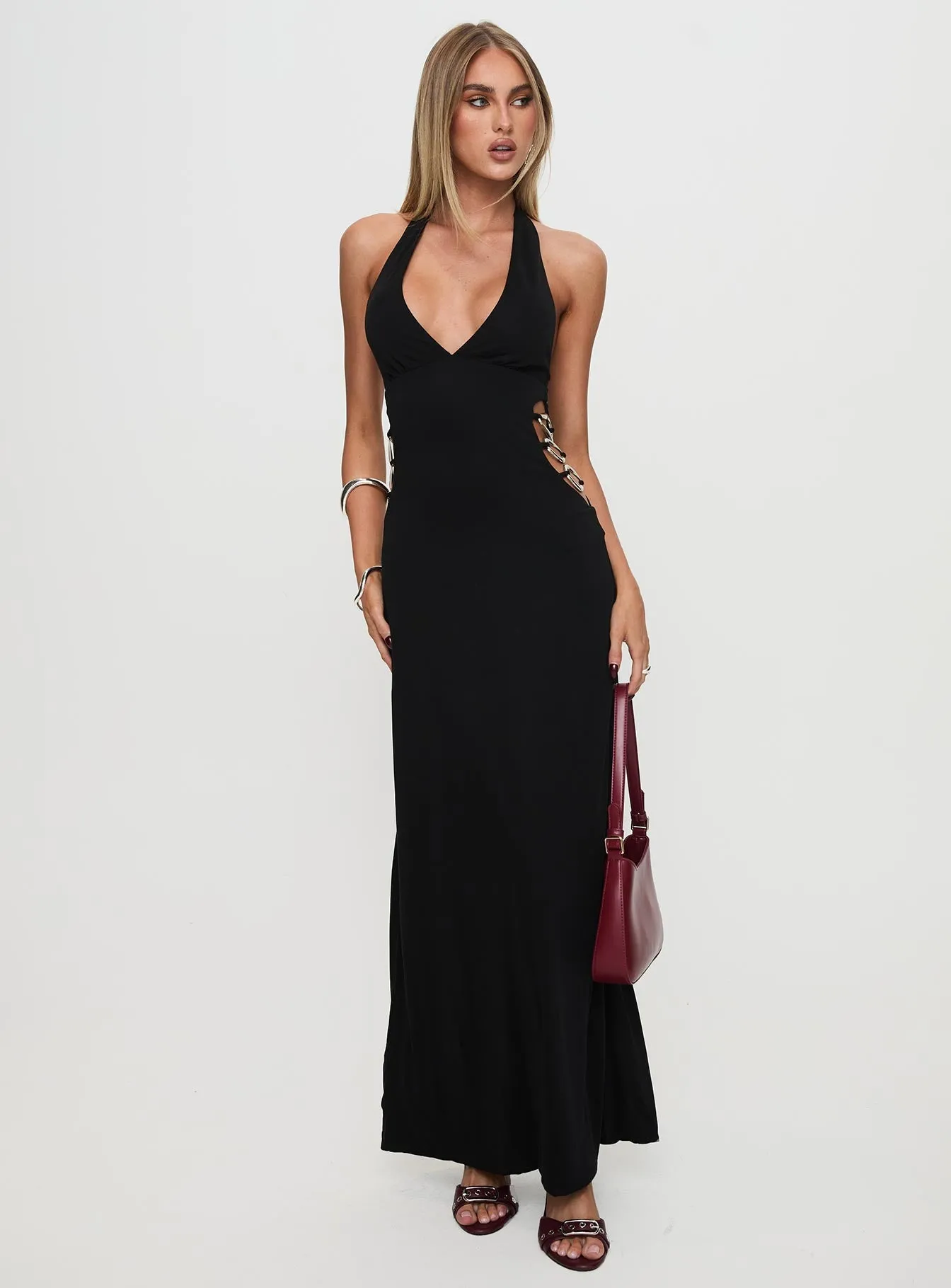 Jewel Accent Soft Volume Make A Fortune Hardware Halter Maxi Dress Black