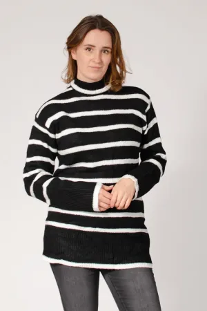 Longline Striped Roll Neck Jumper Jacquard Pattern Luminous Thread Accents