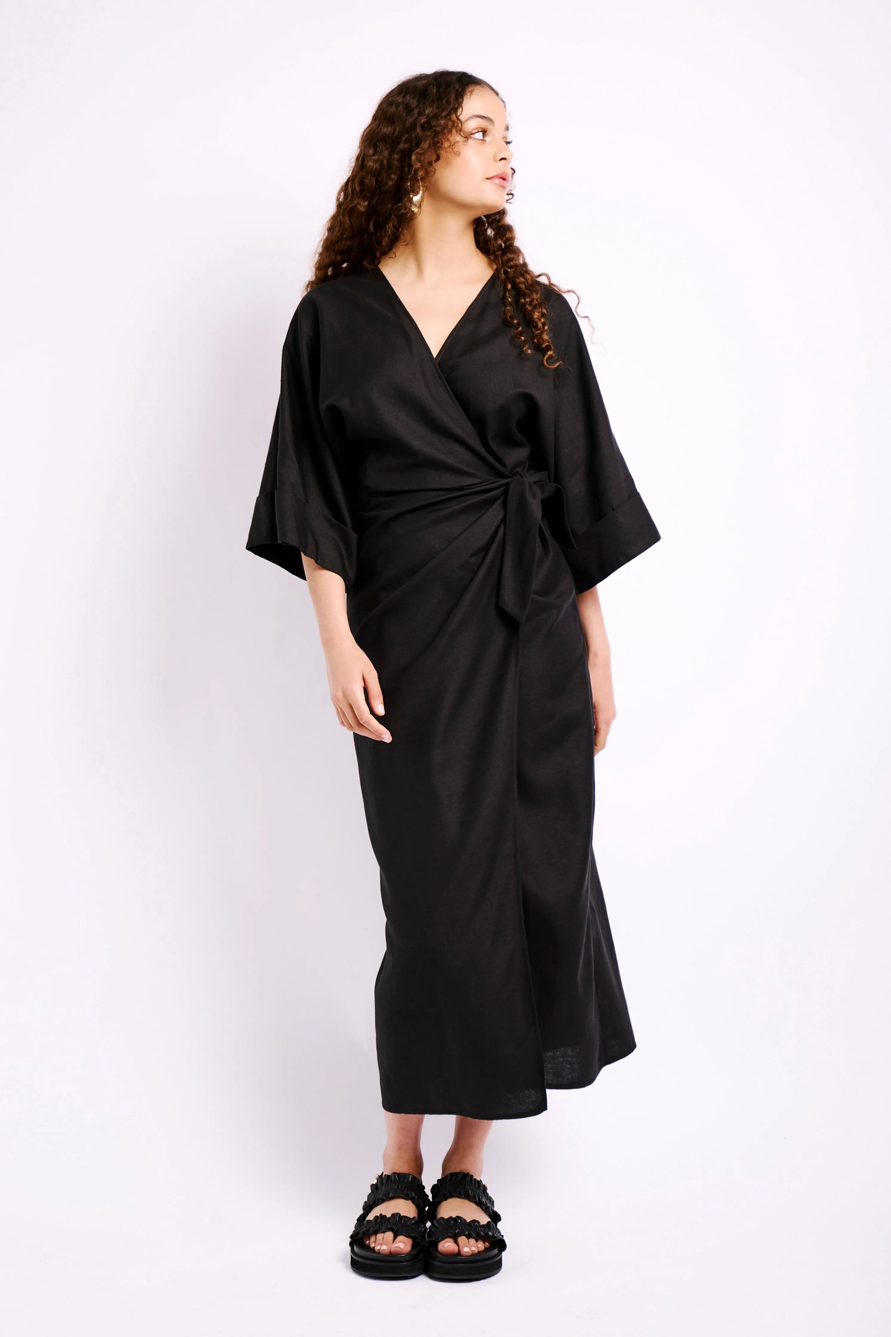 The Wrap Dress with Kimono Sleeves in Black Office Tone