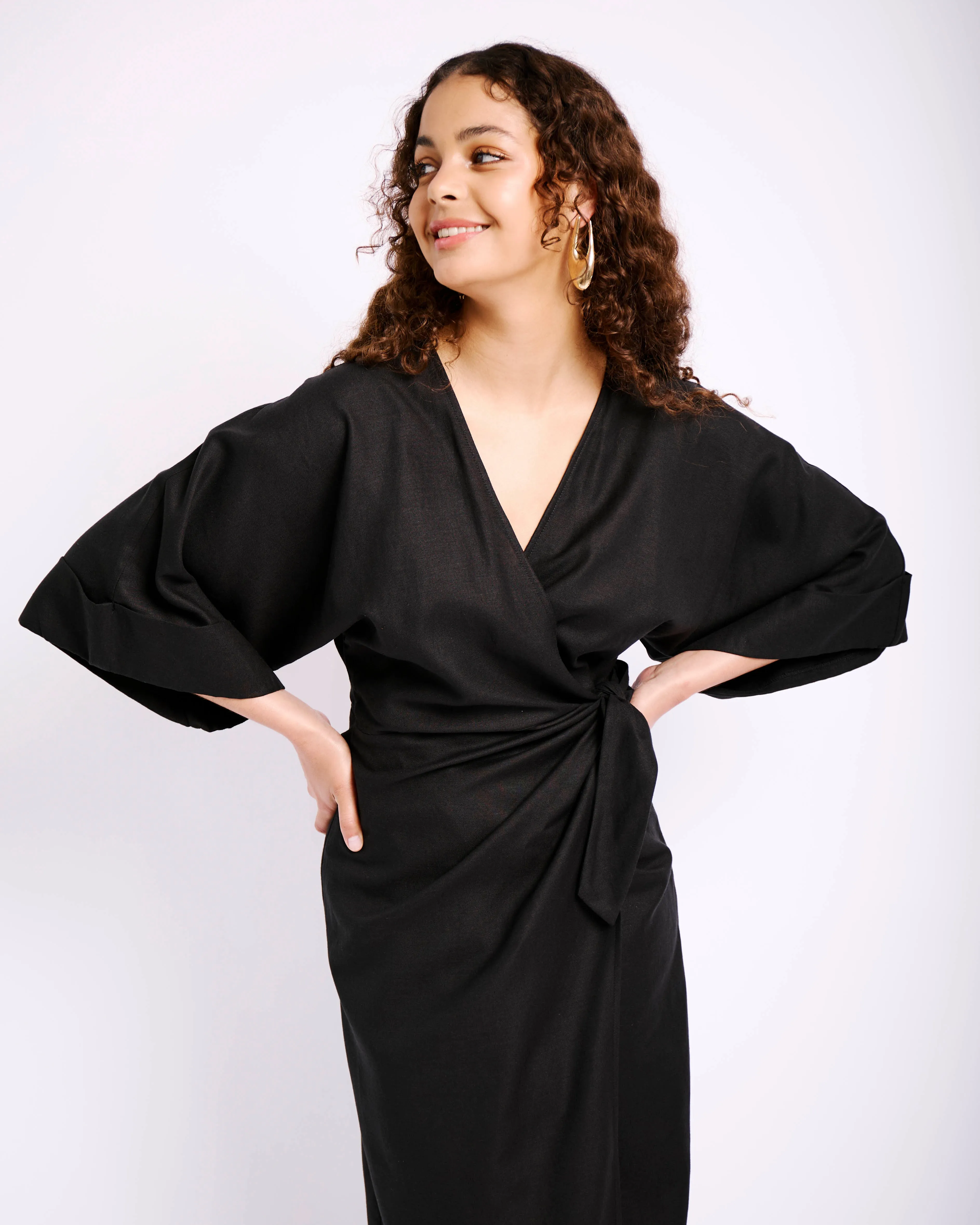 Nature Bloom The Wrap Dress with Kimono Sleeves in Black