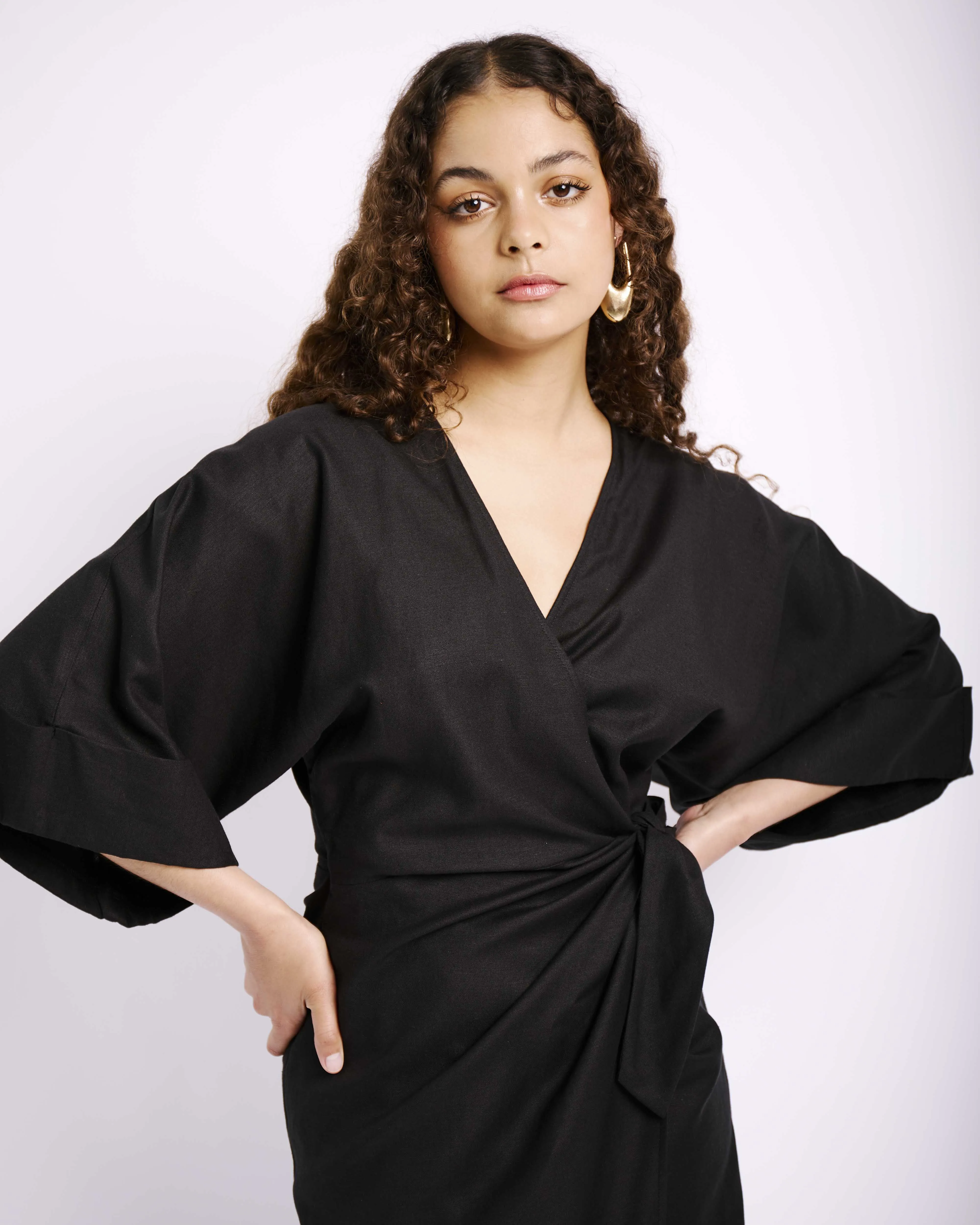 Feminine Cut The Wrap Dress with Kimono Sleeves in Black