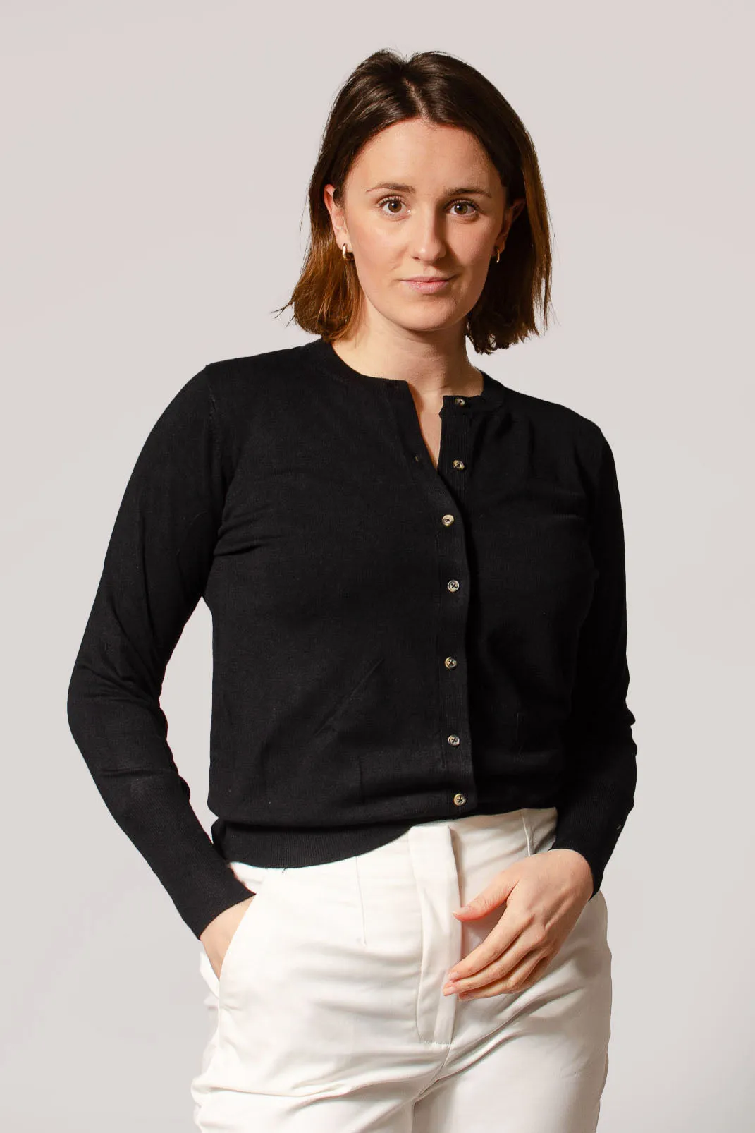 Round Neck Button Down Cardigan Interlock Weave Everyday Pair