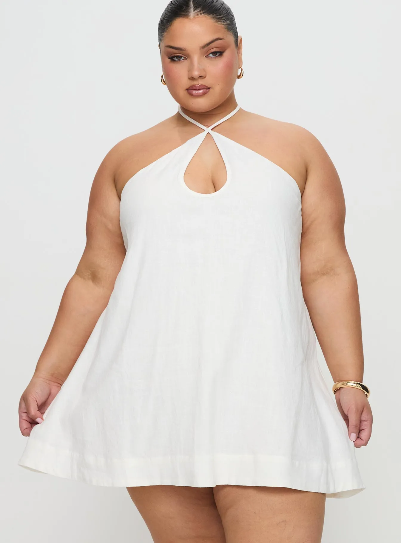 Thomasina Linen Halter Dress White Curve Work Option Waist-Cinching
