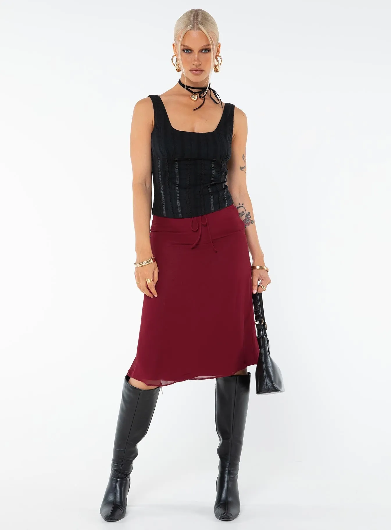 Delvie Midi Skirt Burgundy Relaxed Look Runway Ready