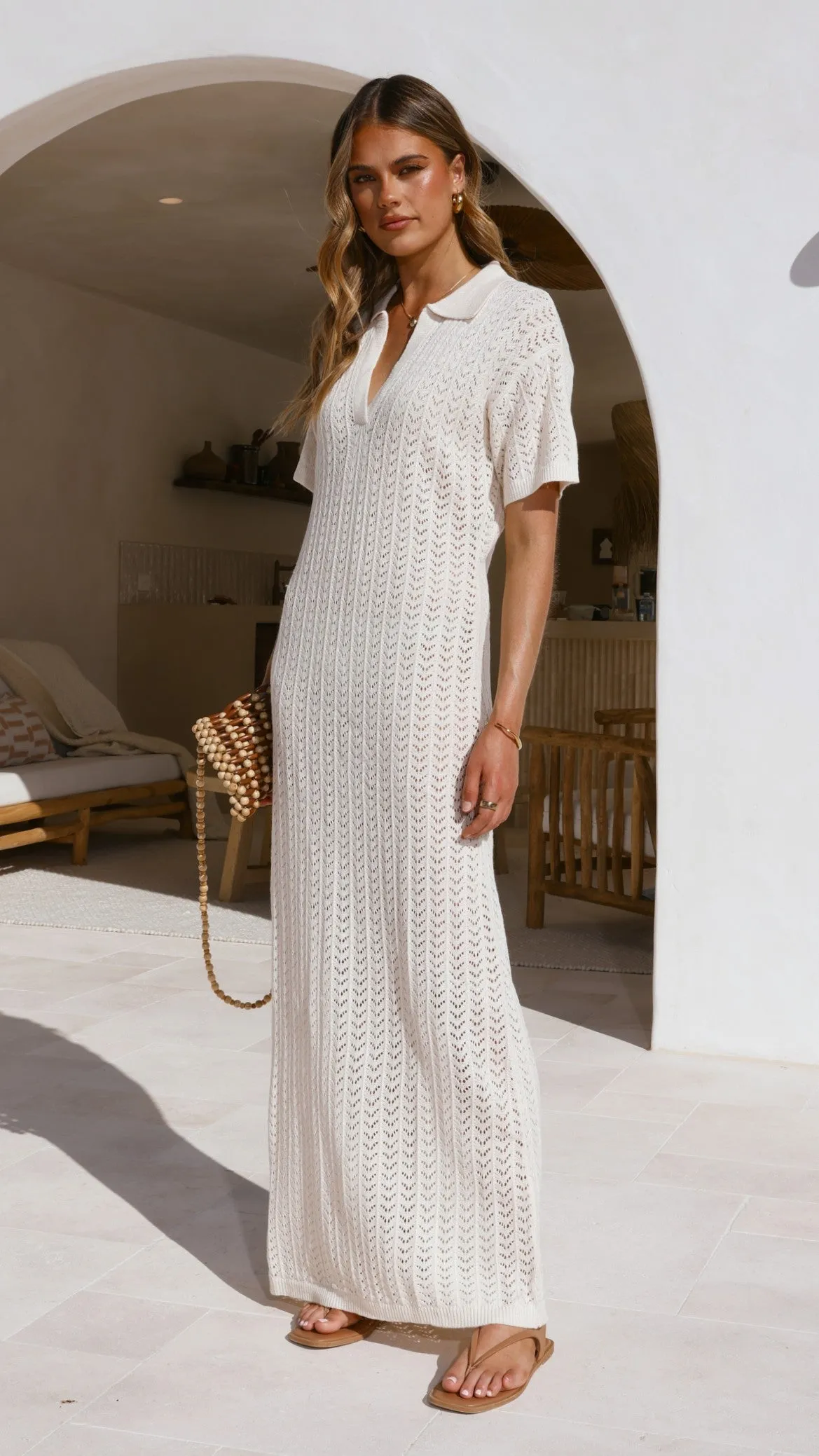 Quick Dressing Fresh Style Tiffy Crochet Short Sleeve Maxi Dress - White