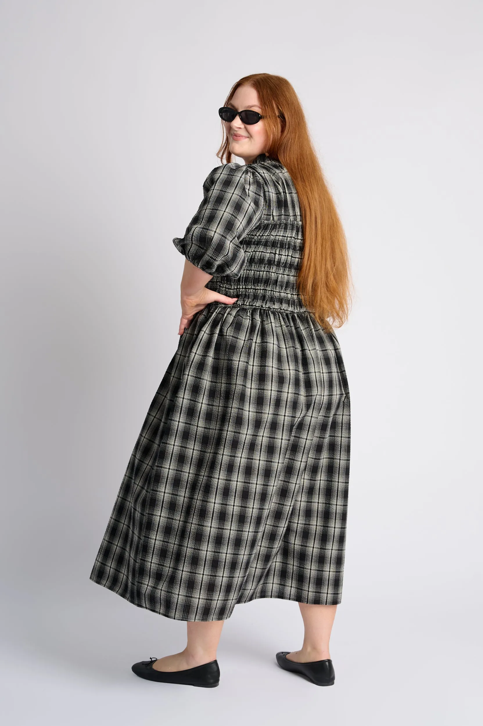 Shirring Cotton Dress in Black Check Pure Aesthetic